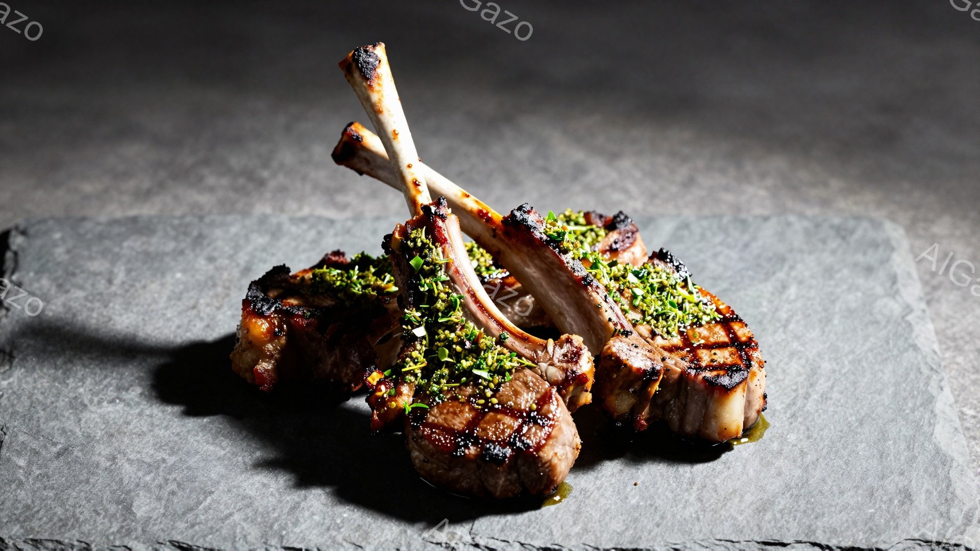 炭火で焼かれたラムチョップが、黒色のスレートプレートの上に盛り付けられています。チョップの上には細かく刻まれたハーブが散らされ、肉のジューシーな照りとハーブの鮮やかな緑色が印象的です。背景は暗く、チョップがより際立って見え、食欲をそそる雰囲気を醸し出しています。