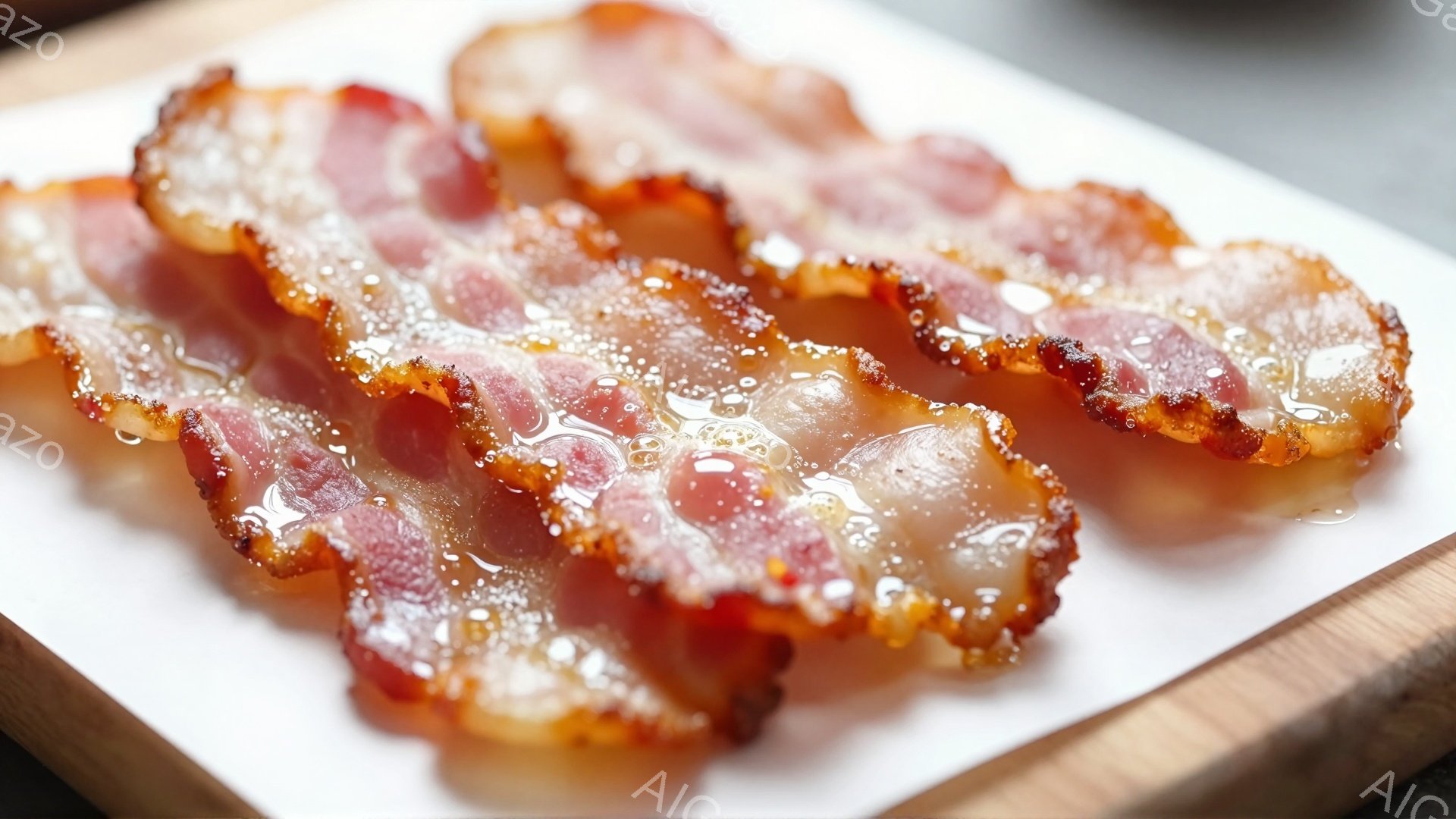 焼きたてのベーコンが白い皿に数枚並べられています。ベーコンはカリカリに焼き上げられ、表面には油が輝き、所々に白い結晶のようなものが付着しています。背景は木製のテーブルの一部が見えており、全体的に食欲を - AI生成フリー素材