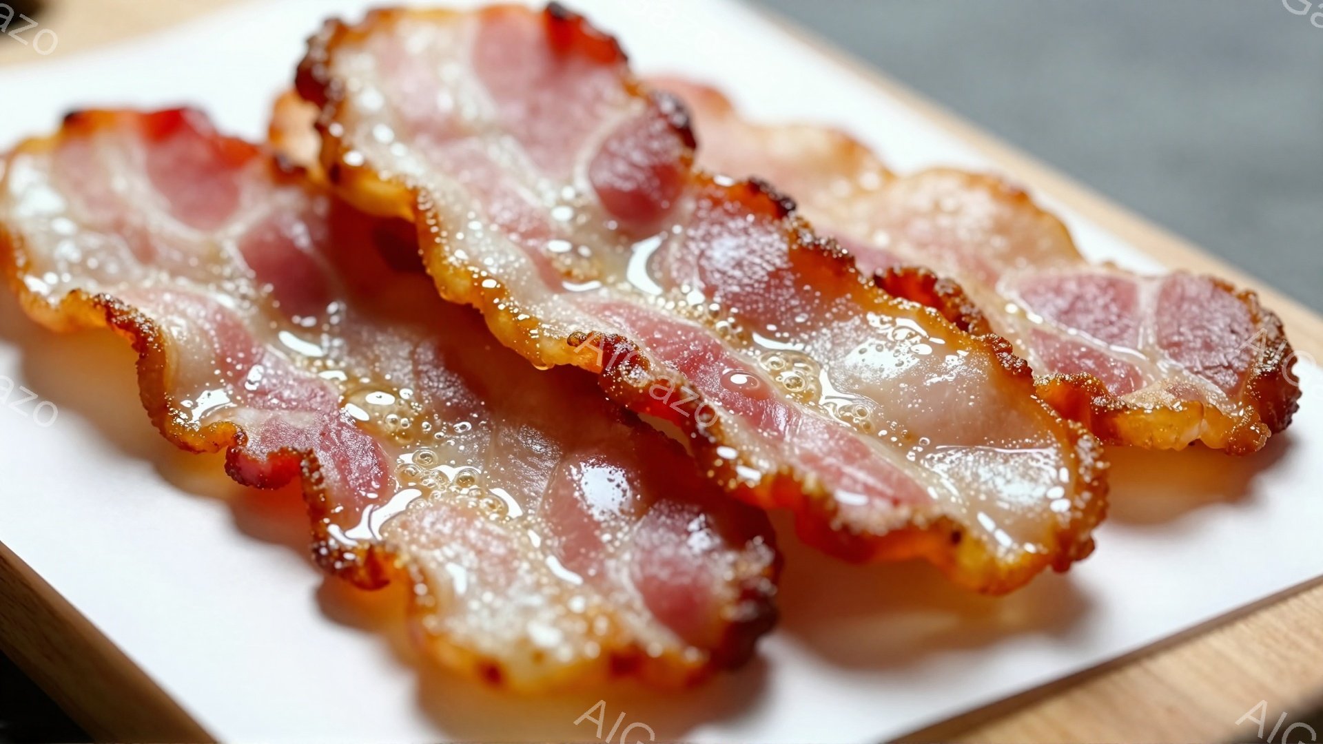 焼き上がったベーコンが数枚、白い紙の上に並んでいます。ベーコンはカリカリに焼けており、表面には油の光沢が見られます。背景には木製のプレートとぼやけた背景が見え、食欲をそそる温かい雰囲気です。 - AI生成フリー素材