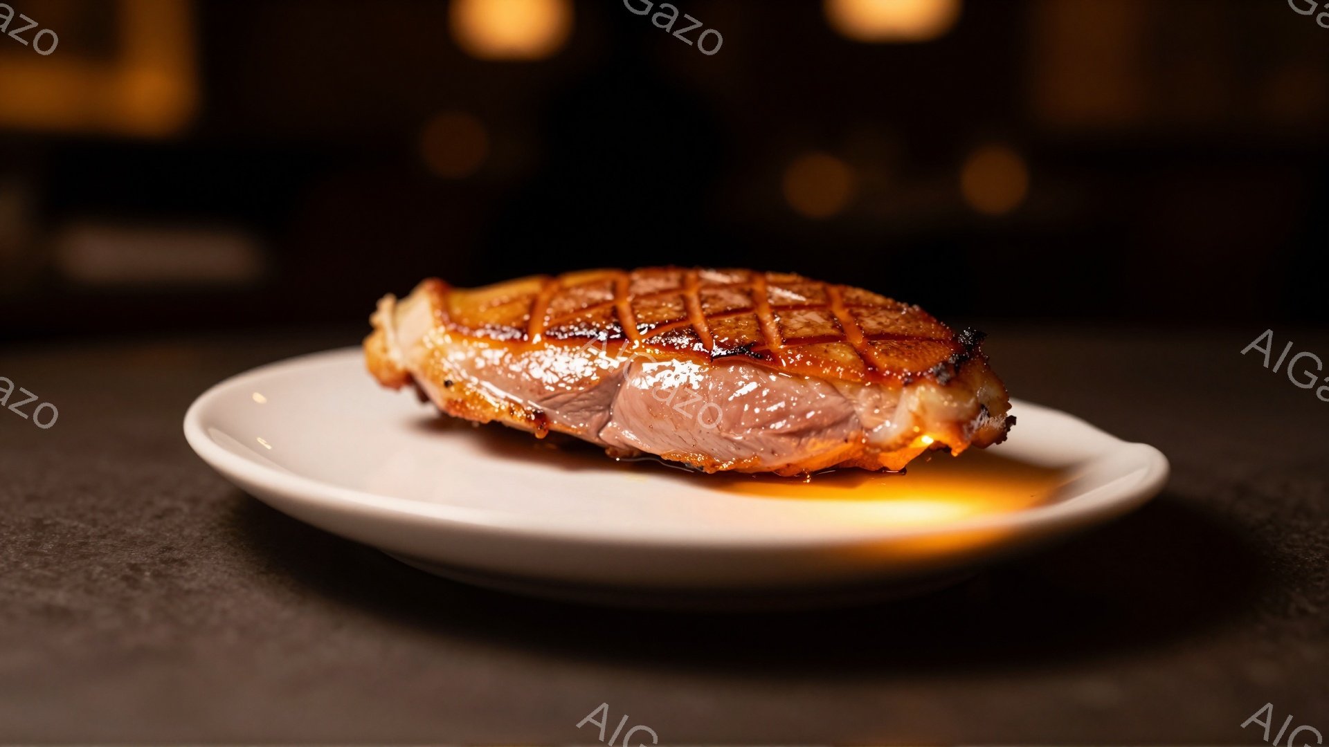 白い皿に置かれた、見事な焼き加減の鴨肉のステーキが中央に配置されている。表面はカリッとした焼き色で、内部はピンク色を帯びたジューシーな状態が伺え、照りも良く食欲をそそる。背景は暗く、スポットライトのような光が鴨肉を照らし出し、高級感と落ち着いた雰囲気を醸し出している。
