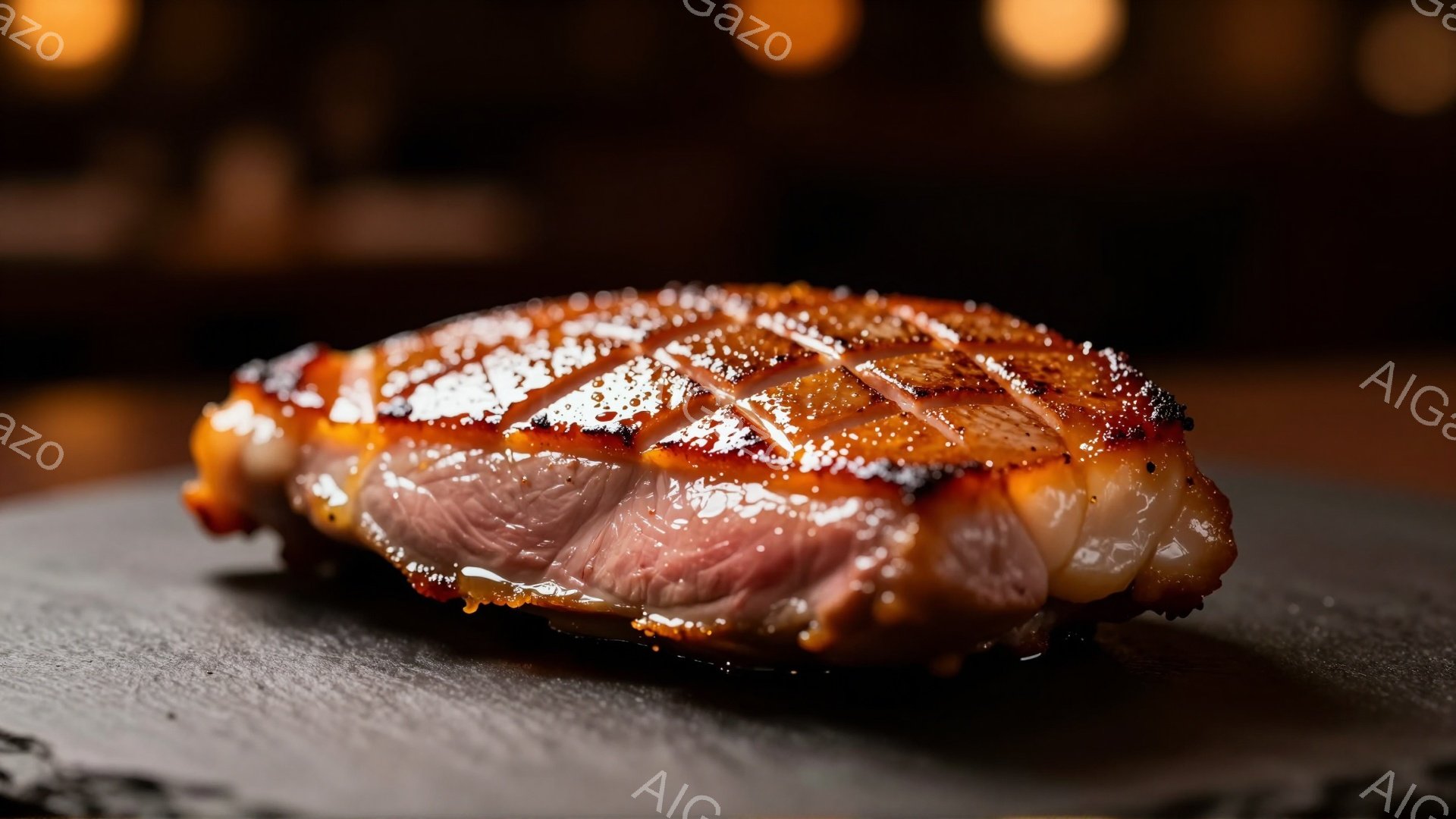 鮮やかなピンク色の肉が特徴的なステーキが、黒い石板のようなプレートに乗せられています。表面は格子状に焼き目があり、照りがあり、ジューシーに見えます。背景は暗く、ぼやけた光の点がいくつかあり、料理に焦点が当てられています。