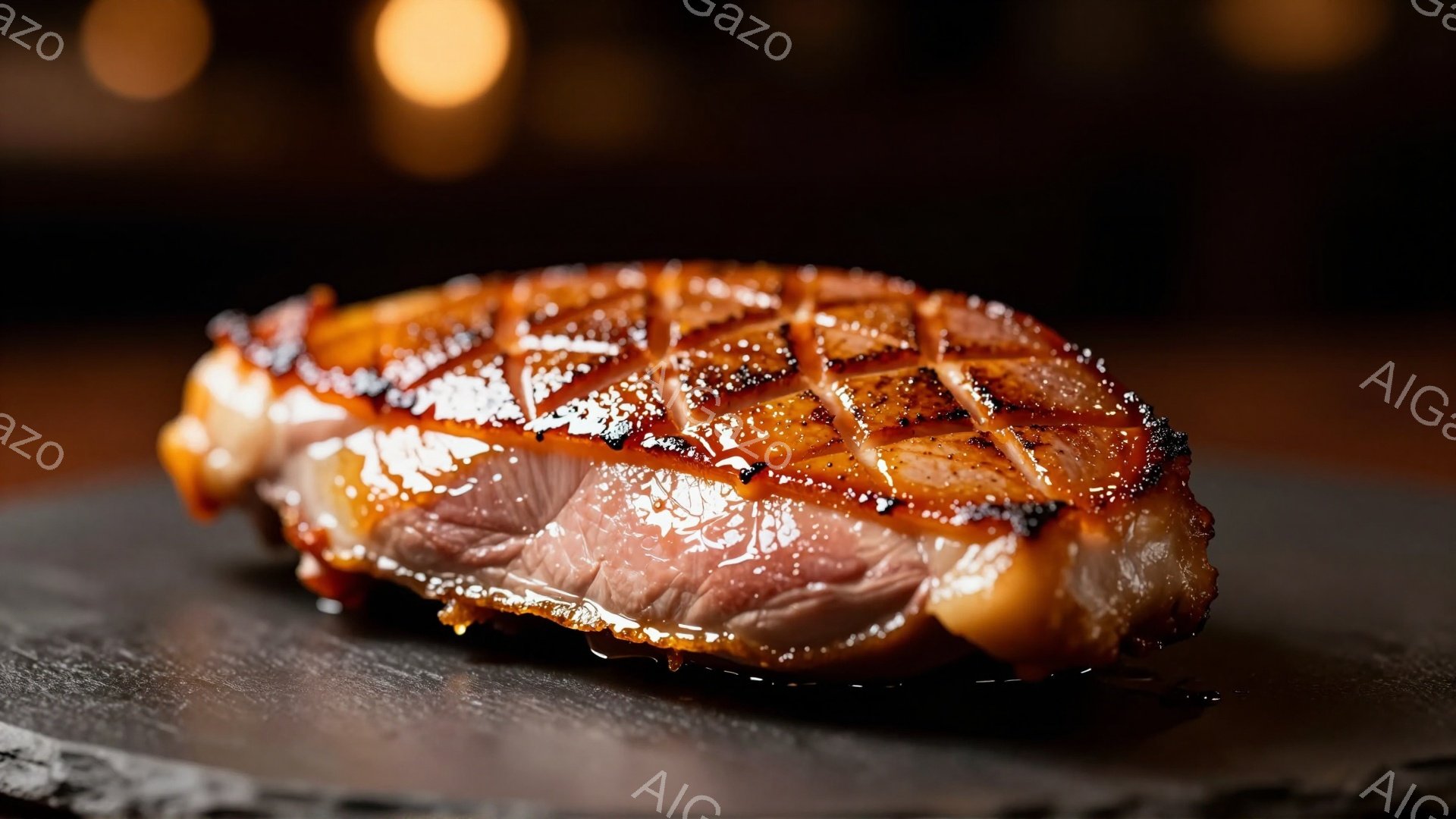 焦げ目が美しい鴨肉が、黒いスレートのような皿に乗せられています。肉の中心部はピンク色で、ジューシーさを想像させます。背景はぼかされており、暖色系の光が灯っており、料理に焦点が当てられています。