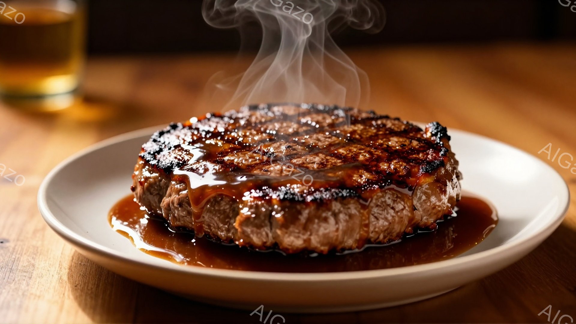 皿の上には、ジューシーなステーキが湯気を上げている。肉の表面は香ばしく焼き色が付いており、照り豊かなソースがたっぷりとかかっている。背景には木製のテーブルが写り、暖かく落ち着いた雰囲気を醸し出している。