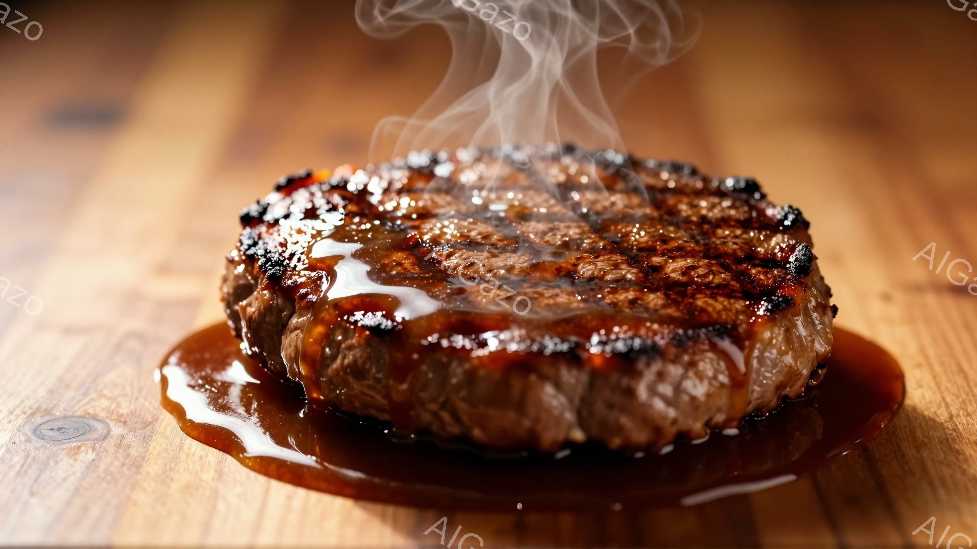 焼きたてのステーキが木製の板の上に置かれており、肉汁が染み出して湯気が立ち上っている。ステーキは茶色く焼き色が付いており、表面には照りが見られ、ジューシーな食感を想像させる。背景は木目の美しい板で、暖かく食欲をそそる雰囲気を醸し出している。