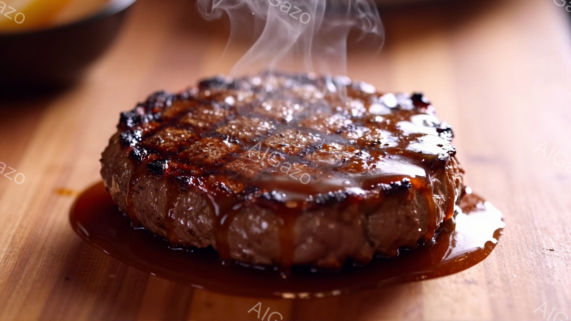 焼きたてのステーキが皿の上にあり、湯気が立ち上っている。ステーキは外側が焦げ目がつき、中身はジューシーに見える。背景は木製のテーブルで、ソースが少し溢れ出している様子が、食欲をそそる雰囲気を醸し出している。