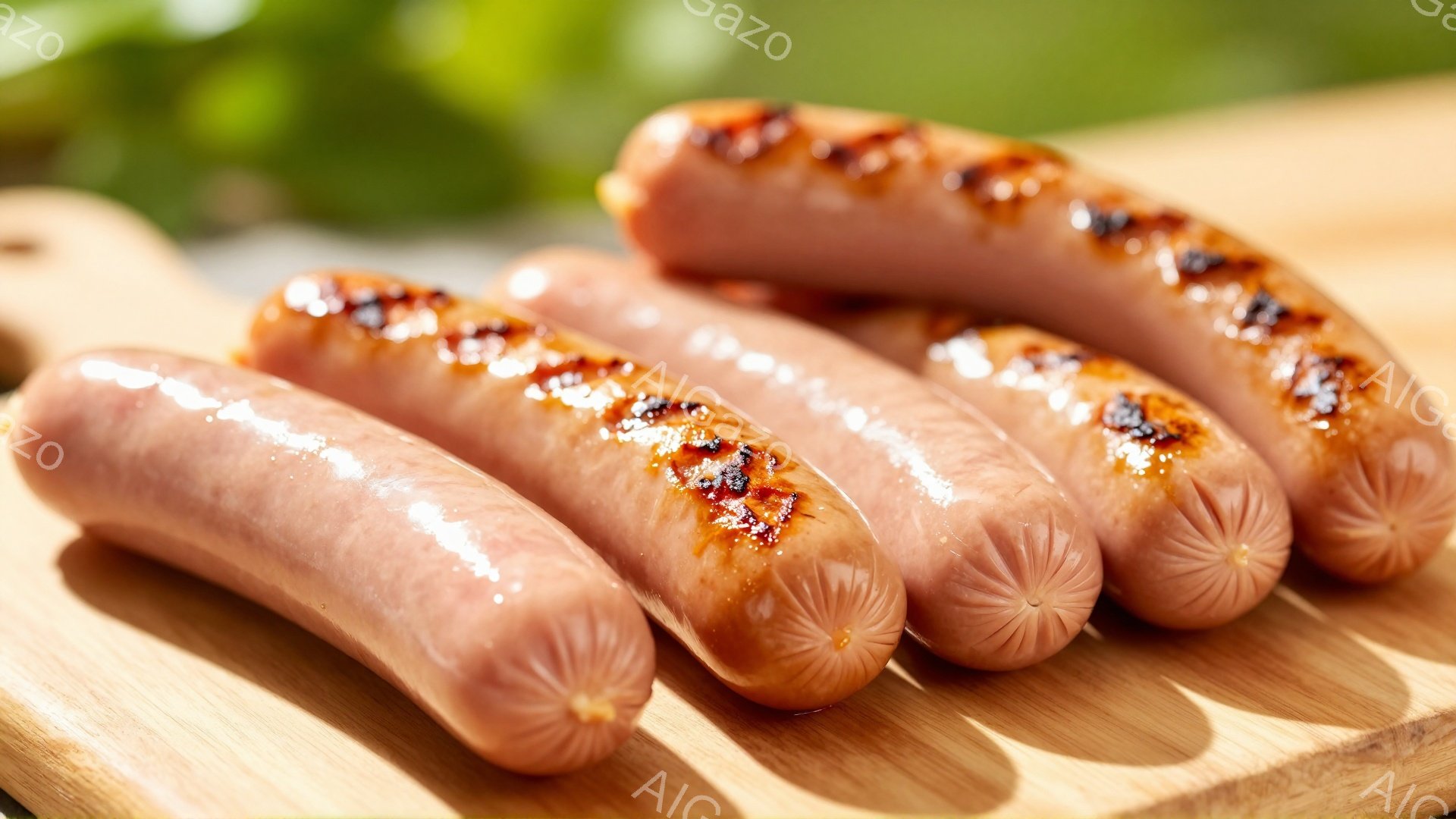 画像には、木製のまな板の上に並べられた、焼かれたソーセージが５本写っています。ソーセージはピンク色で、表面には焼き目がついており、ジューシーに見えます。背景は緑色のぼかしで、屋外でのバーベキューやピクニックの雰囲気を醸し出しています。