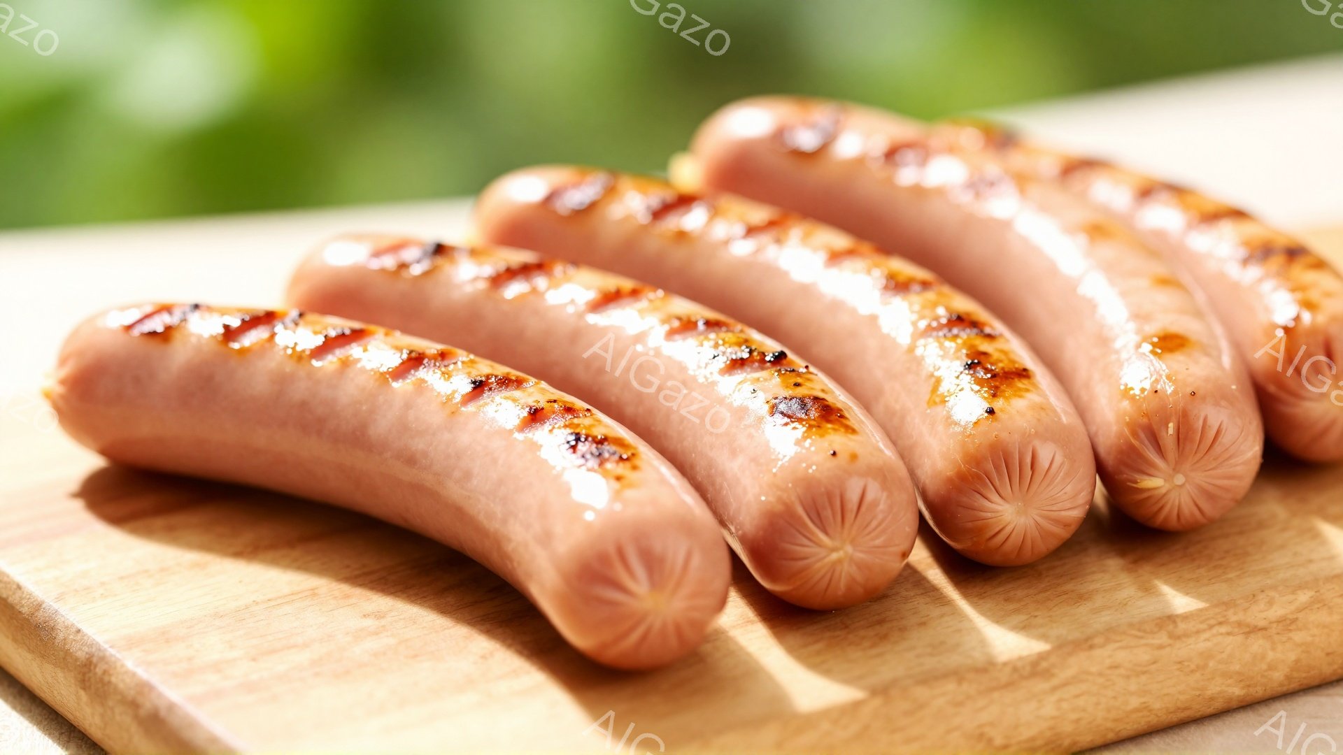 画像には、木製の板の上に並べられた焼きソーセージが5本写っています。ソーセージは表面に焼き目がつき、ジューシーで美味しそうに見えます。背景は緑色のぼかしで、自然の中でバーベキューをしているような、爽や - AI生成フリー素材