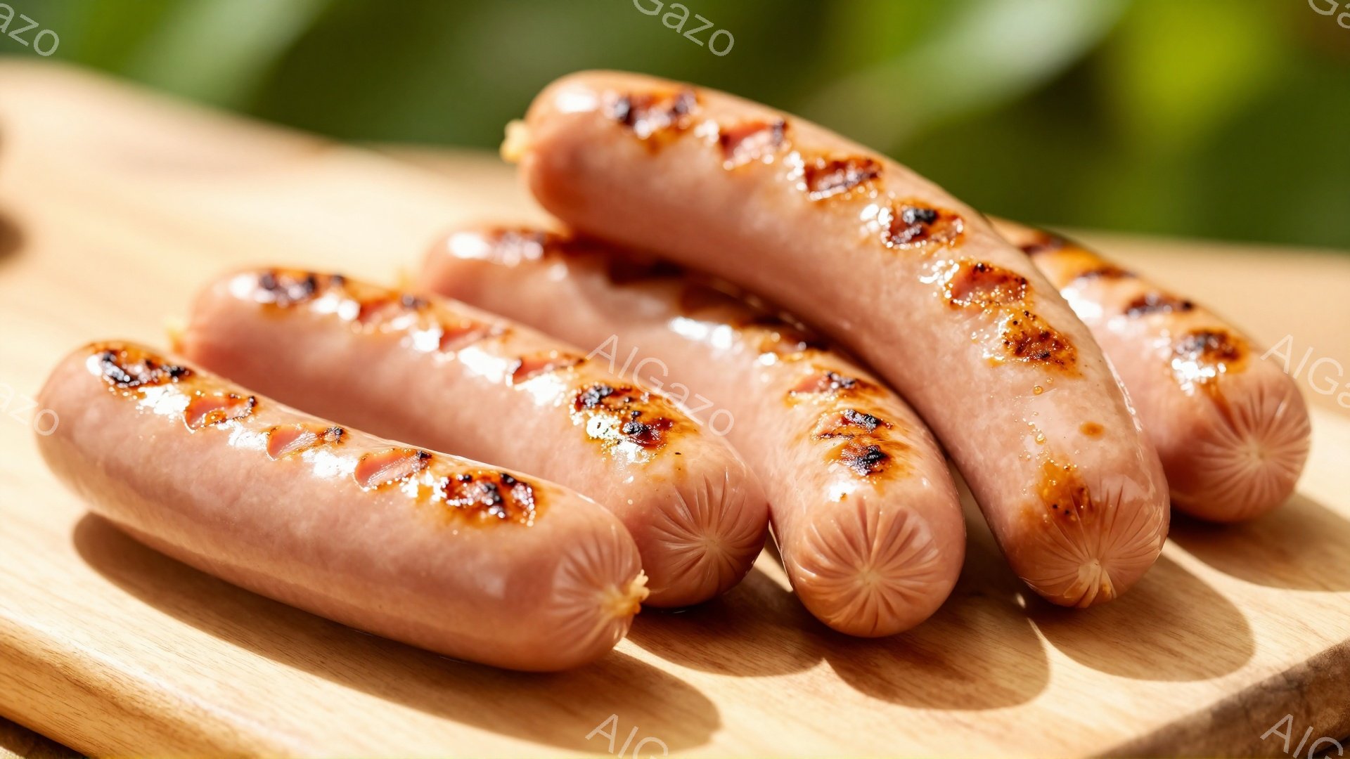 滑らかな表面に焼き目がついたソーセージが、木製の板の上に並べられています。ソーセージはピンクがかった色をしており、美味しそうな香りが漂ってくるようです。背景はぼやけていますが、緑が見えることから、屋外の自然の中で撮影された写真だとわかります。