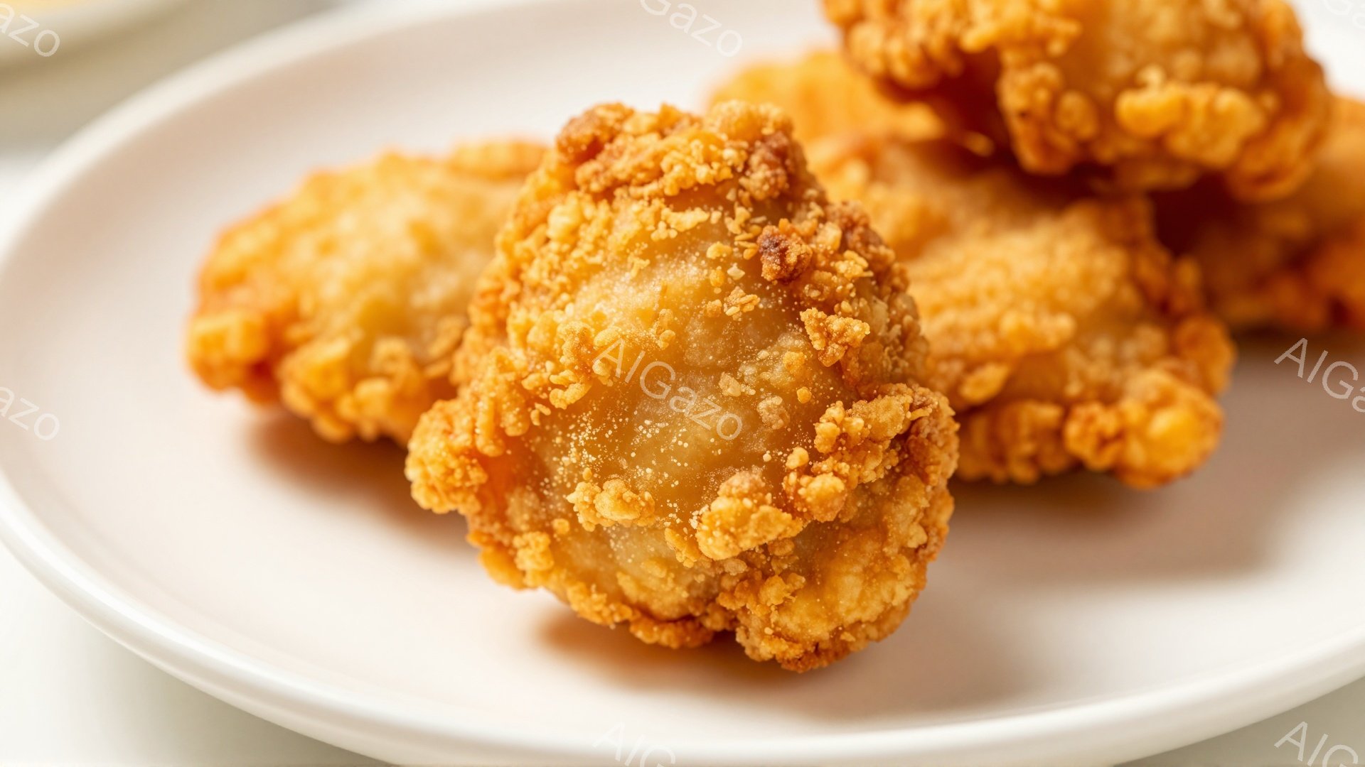 白い皿の上に、黄金色に揚げられた鶏のナゲットが数個置かれています。ナゲットは外側がカリカリとした食感で、内部はジューシーであることが予想されます。背景は白く、ナゲットが際立っており、食欲をそそる雰囲気 - AI生成フリー素材