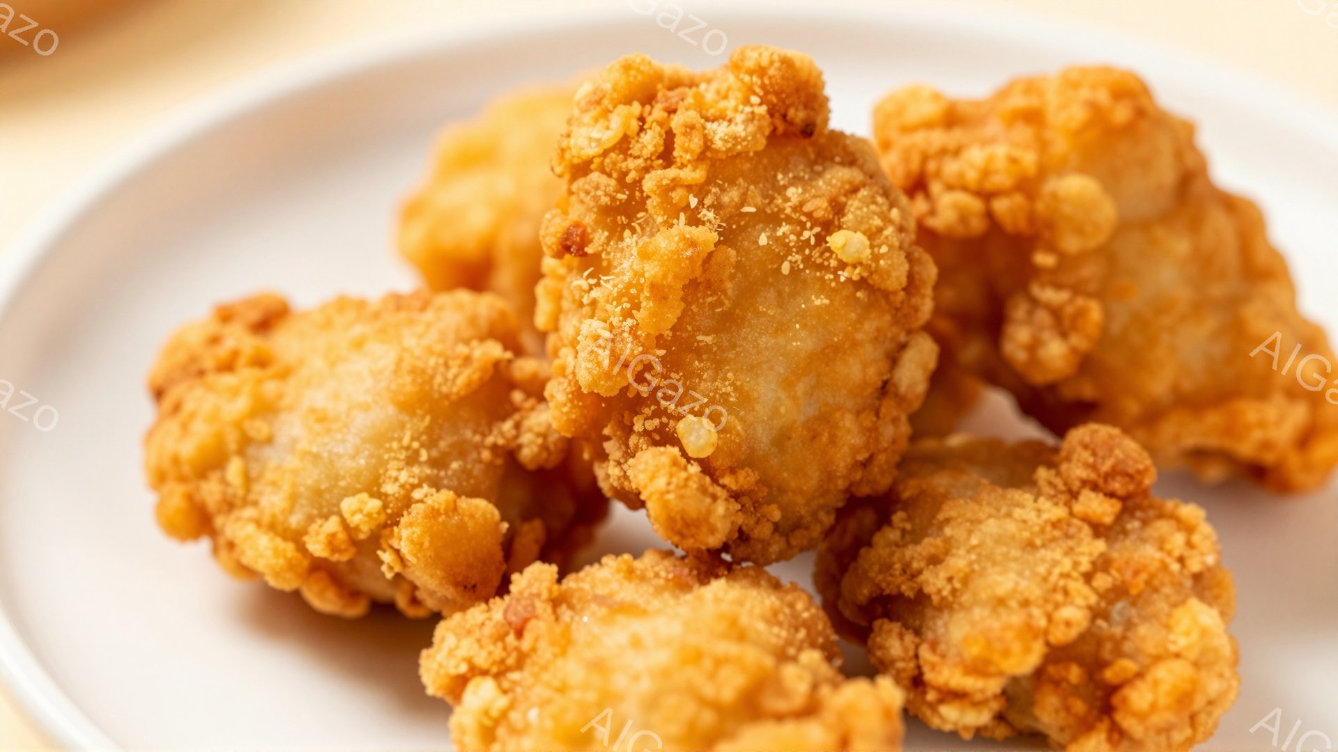 白い皿の上に、カラッと揚げられた鶏の唐揚げが盛り付けられています。衣は濃い茶色でカリカリとしており、鶏肉の淡い色がわずかに覗いています。背景はぼやけており、料理に焦点が当てられています。