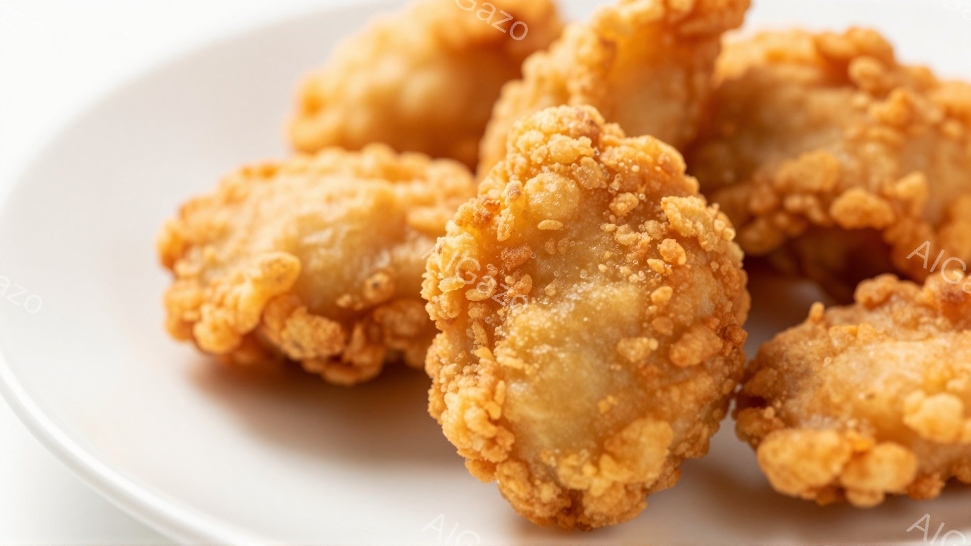 白い皿の上に、衣をまとった揚げ物が数個置かれています。衣はカリカリとしており、色調は黄金色で食欲をそそります。背景は白く、揚げ物が際立っており、シンプルで清潔な印象を与えます。