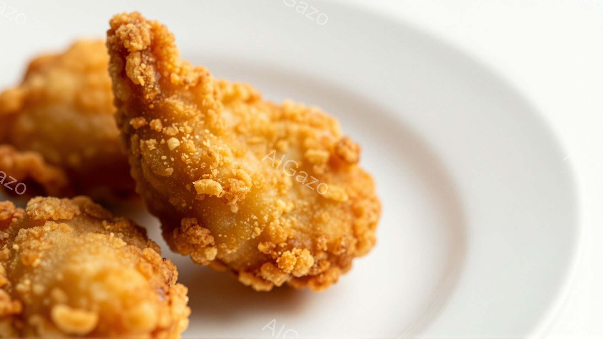 白い皿の上に、カリカリに揚げられた鶏肉が数切れ乗っています。鶏肉は黄金色をしており、表面には細かいパン粉がまぶされています。背景は白く、鶏肉が際立って見え、食欲をそそる雰囲気です。