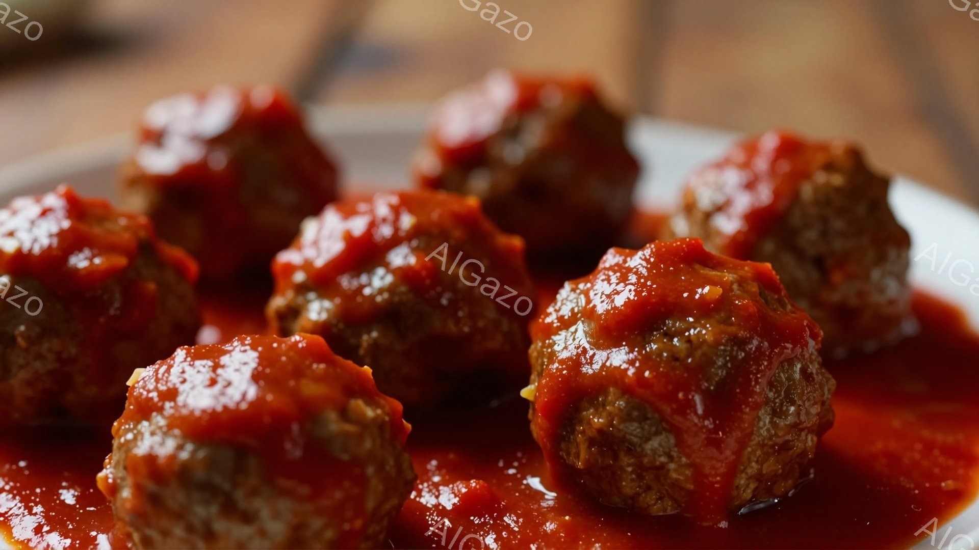 皿の上に、トマトソースで覆われた肉団子が並んでいます。肉団子は丸く、表面は照りがあり、細かく刻まれたハーブ（パセリのよう）が振りかけられています。背景は木製のテーブルで、暖かく家庭的な雰囲気が漂ってい - AI生成フリー素材