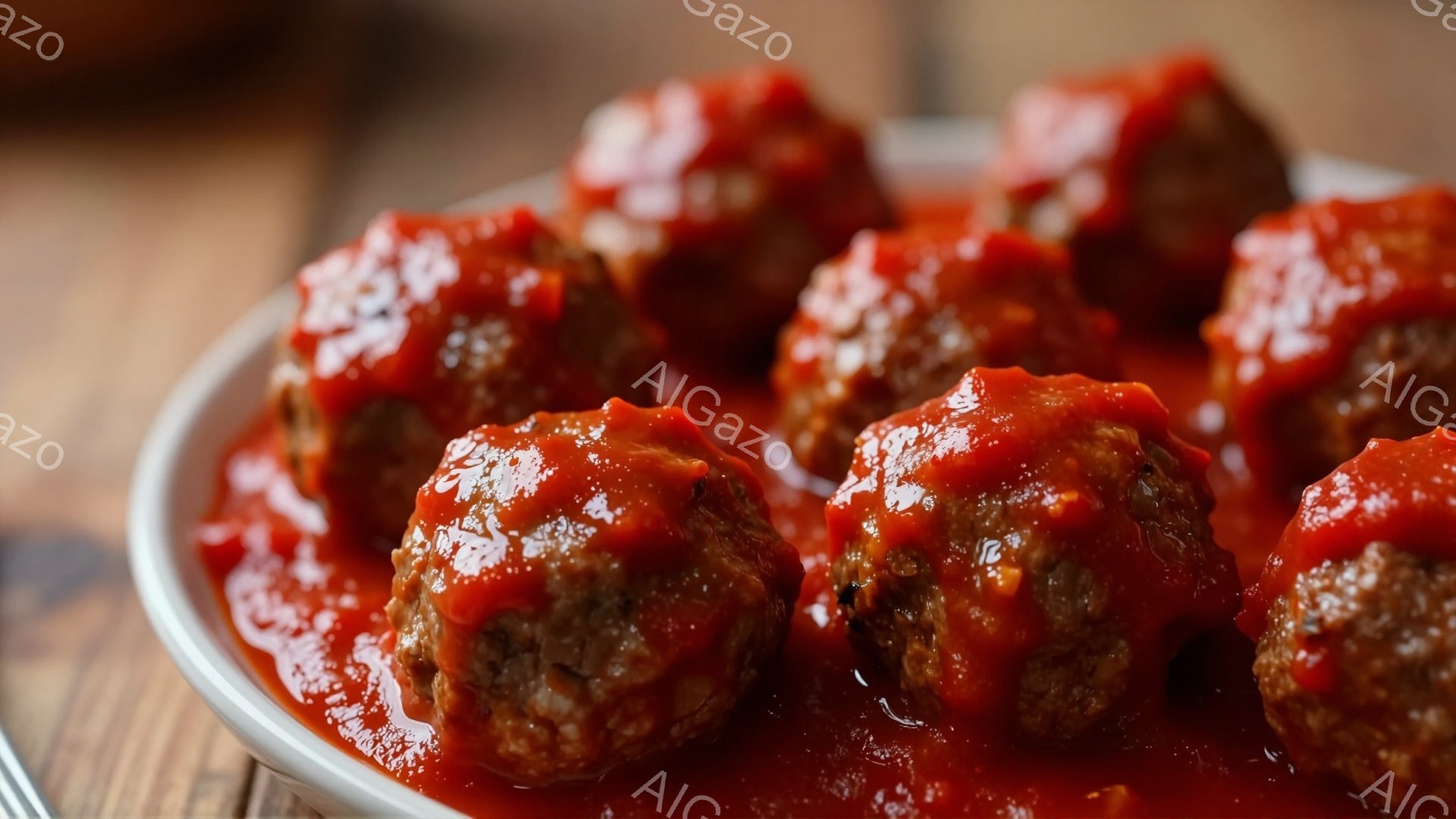 白い皿に、トマトソースで覆われたミートボールが並べられています。ミートボールは茶色で丸く、表面は少し光沢があり、美味しそうに見えます。背景は木製のテーブルで、暖かく家庭的な雰囲気です。