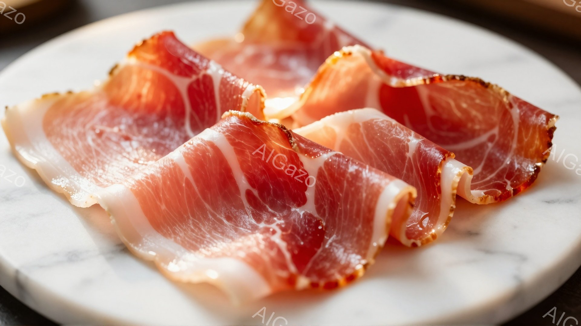 薄い大理石の板の上に、ピンク色と白色の層が混ざり合った生ハムのスライスが数枚重ねられています。生ハムの縁は少しカールしており、光沢があり、新鮮さを感じさせます。背景はぼやけていますが、暖色系の色合いが全体を優しく包み込んでいます。