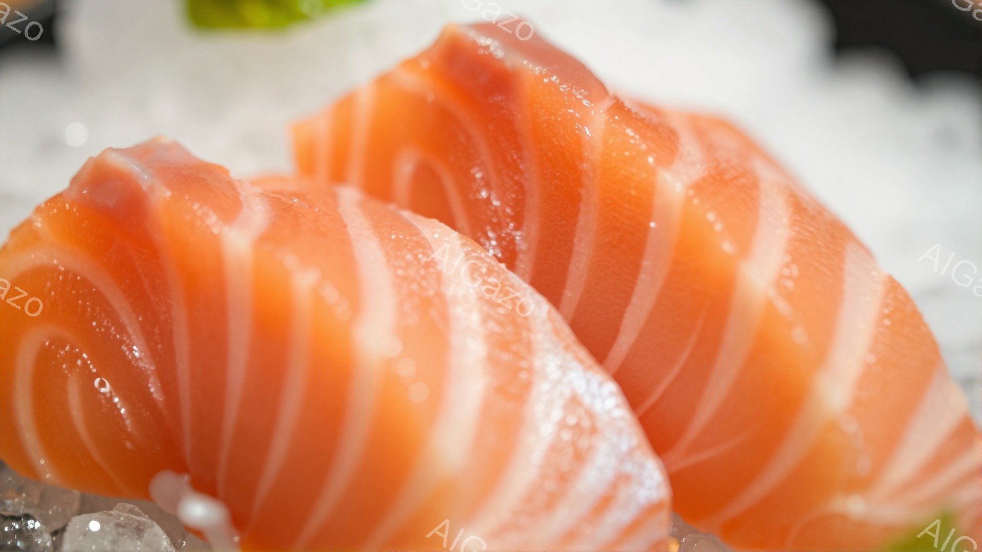 鮮やかなオレンジ色のサーモンが、砕いた氷の上に二切れ並んでいる。サーモンの表面には光沢があり、肉厚で新鮮さが感じられる。背景は白く、サーモンの色がより引き立ち、食欲をそそる様子が伝わってくる。 - AI生成フリー素材