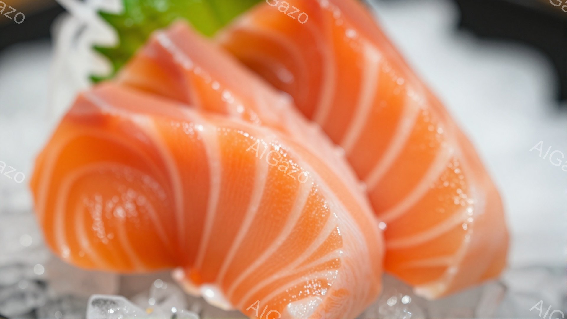 鮮やかなオレンジ色のサーモンが、氷の上に盛り付けられているクローズアップ写真です。サーモンの表面には水滴が光り、新鮮さを際立たせています。背景には、緑色の葉が添えられ、視覚的なアクセントになっています。