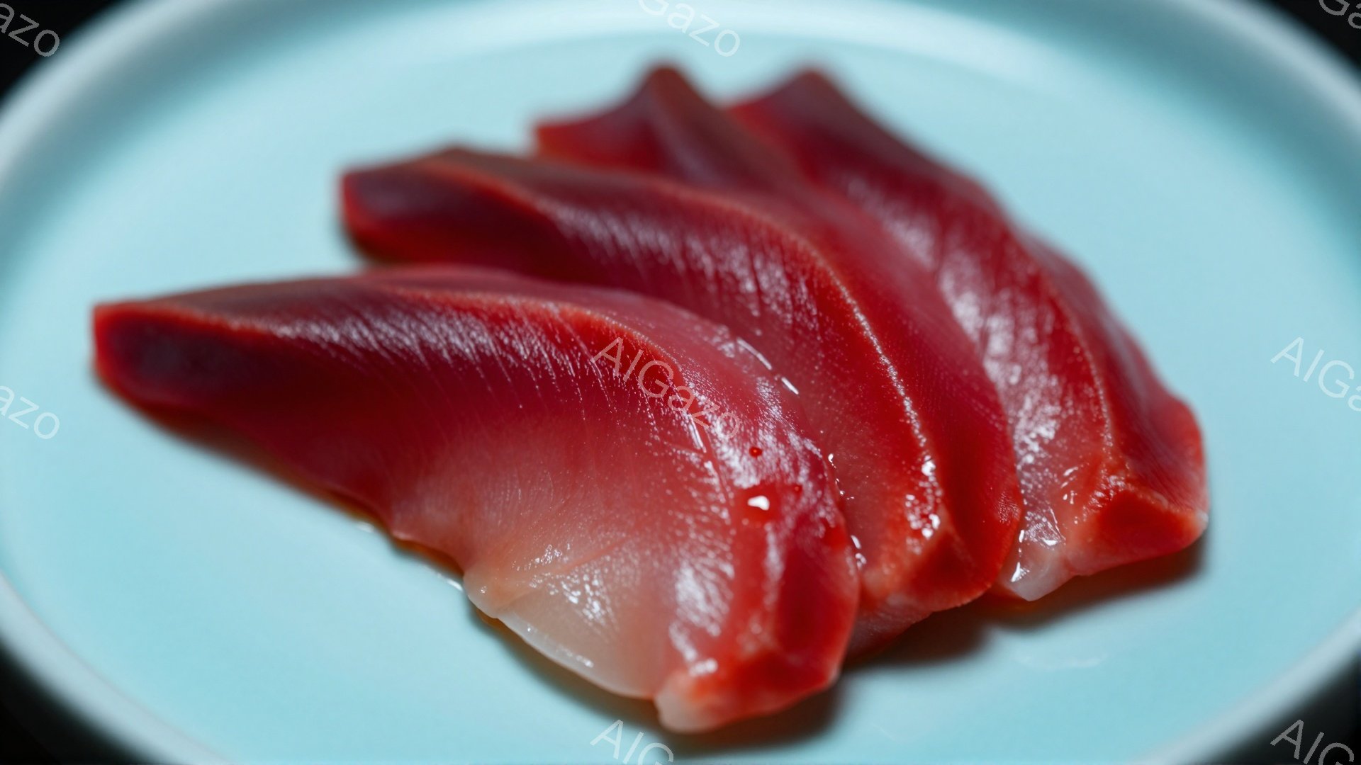 鮮やかな赤色のマグロの刺身が、淡い水色の皿の上に美しく並べられています。肉厚で光沢があり、切り口からは脂が輝き、新鮮さを物語っています。背景は暗く、マグロの鮮やかさが際立っており、高級感と食欲をそそる - AI生成フリー素材