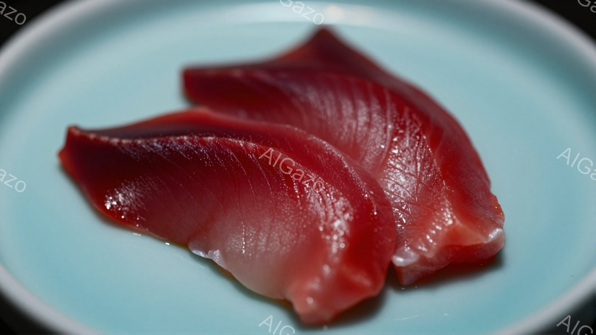 鮮やかな赤色のマグロの刺身が、浅緑色の皿の上に美しく盛り付けられています。マグロは光沢があり、新鮮で、繊細な繊維がはっきりと見えます。背景はぼかされており、マグロの鮮やかさを際立たせています。 - AI生成フリー素材