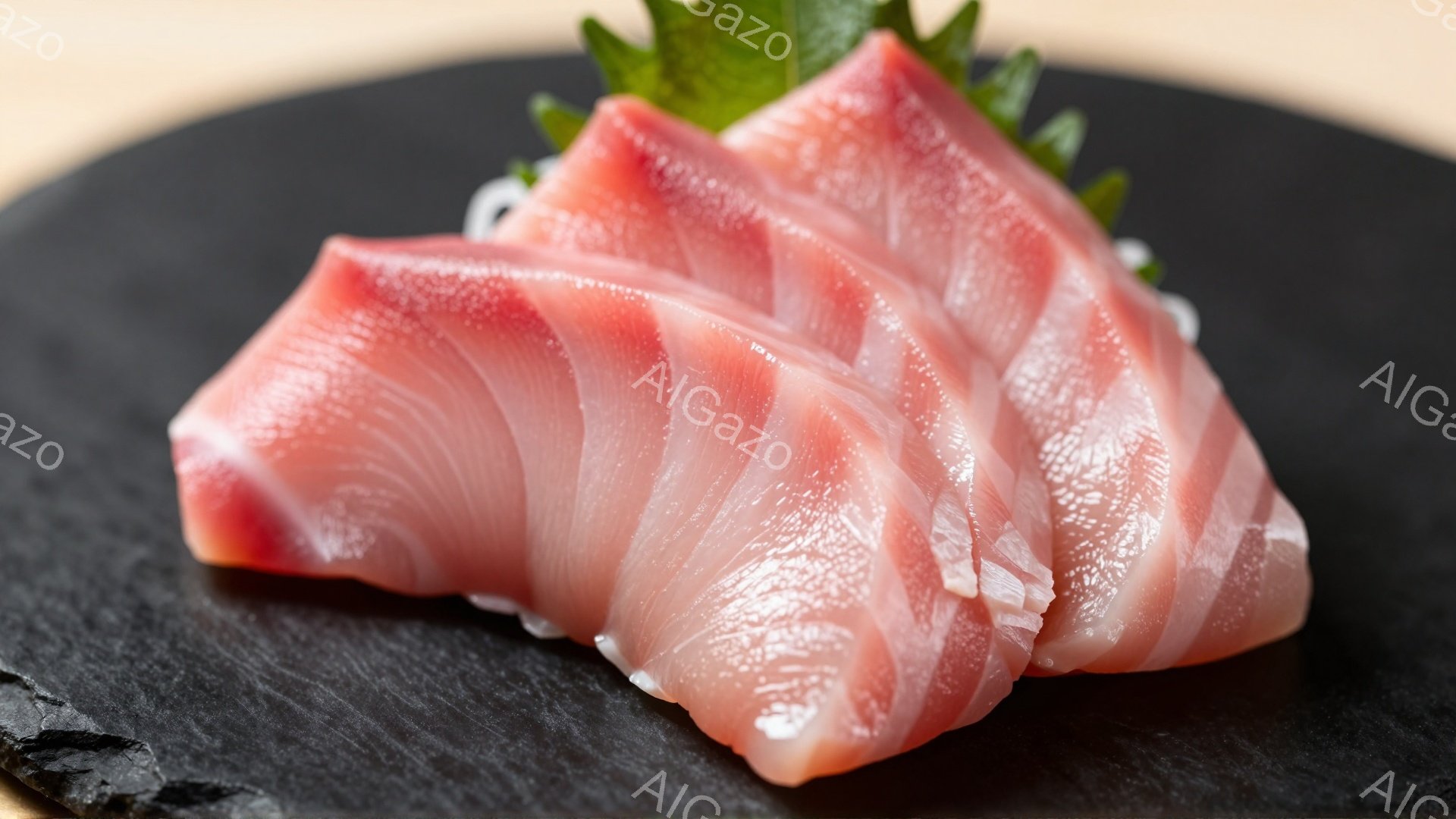 鮮やかな赤色のマグロの刺身が、黒色の皿の上に美しく盛り付けられています。魚の身は光沢があり、繊細なサシが確認できます。背景には緑色の葉が添えられ、全体的に洗練された印象を与えています。