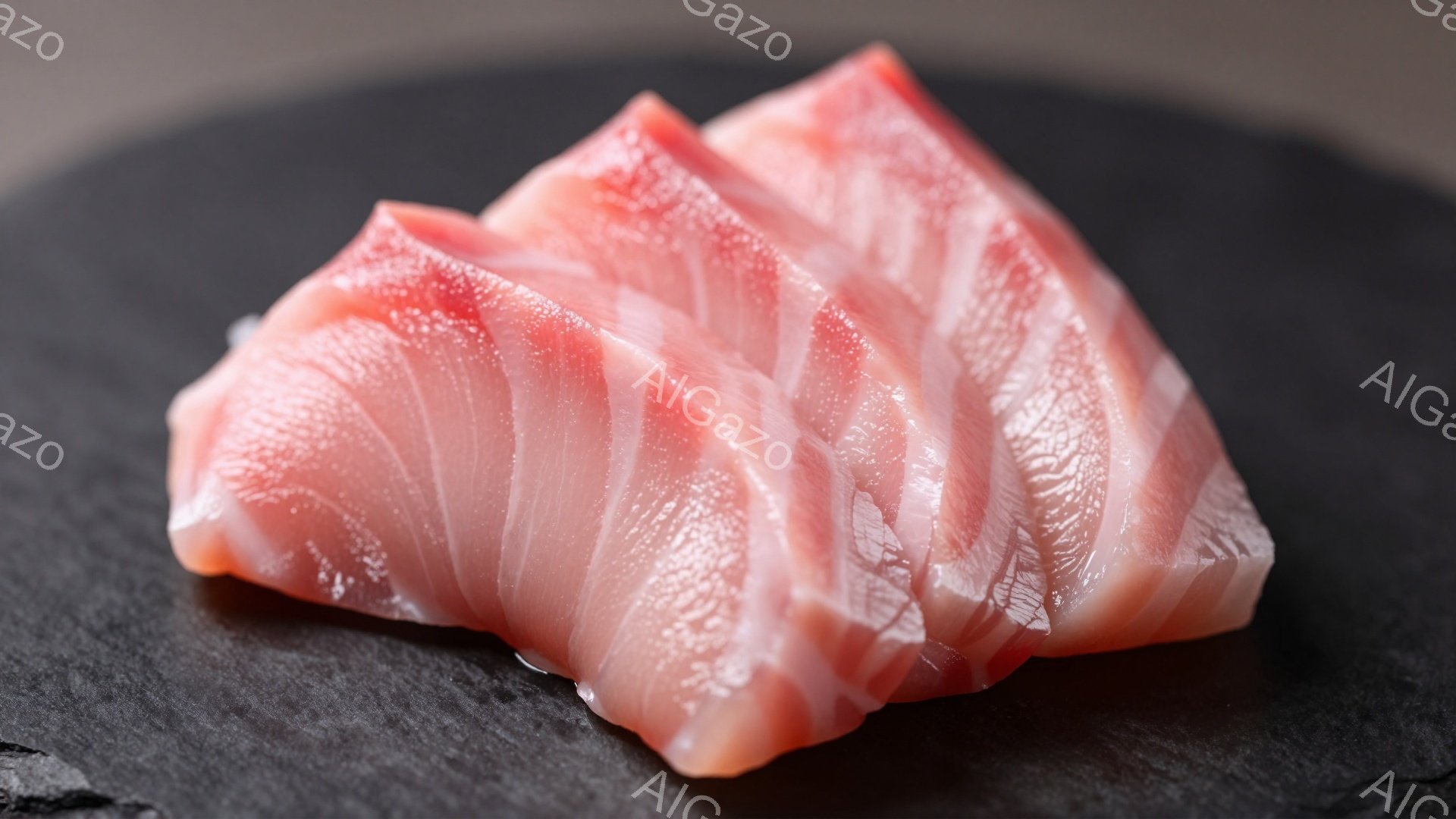 鮮やかなピンク色のマグロの切り身が、黒色の岩のような皿の上に積み重ねられている。切り身は薄く均等にカットされており、美しいサシが確認できる。全体的にシンプルで落ち着いた雰囲気で、素材の美味しさを引き立てている。