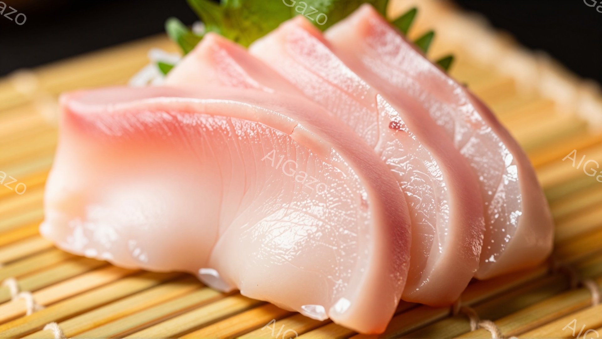 鮮やかなピンク色のマグロの刺身が、竹製のざるの上に美しく盛り付けられています。光沢があり、身はふっくらとしており、新鮮さを感じさせます。背景には緑色の葉が添えられ、全体的に清潔感があり、食欲をそそる雰 - AI生成フリー素材