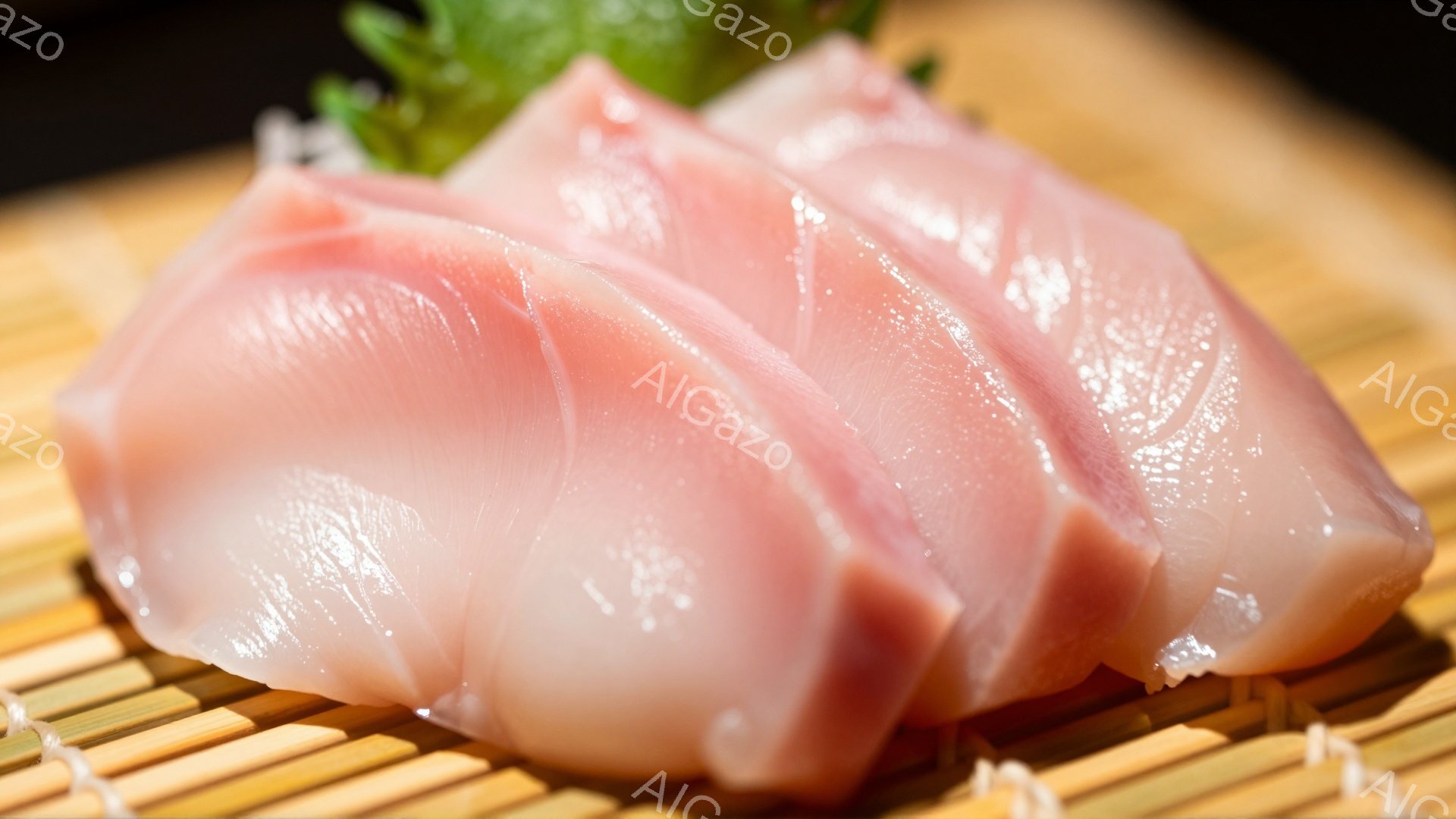 滑らかなピンク色の身が特徴的なマグロの刺身が、竹製の敷物の上に置かれています。光沢があり、新鮮な切り口からは旨味が感じられます。背景はぼかされており、マグロの鮮やかさが際立っています。