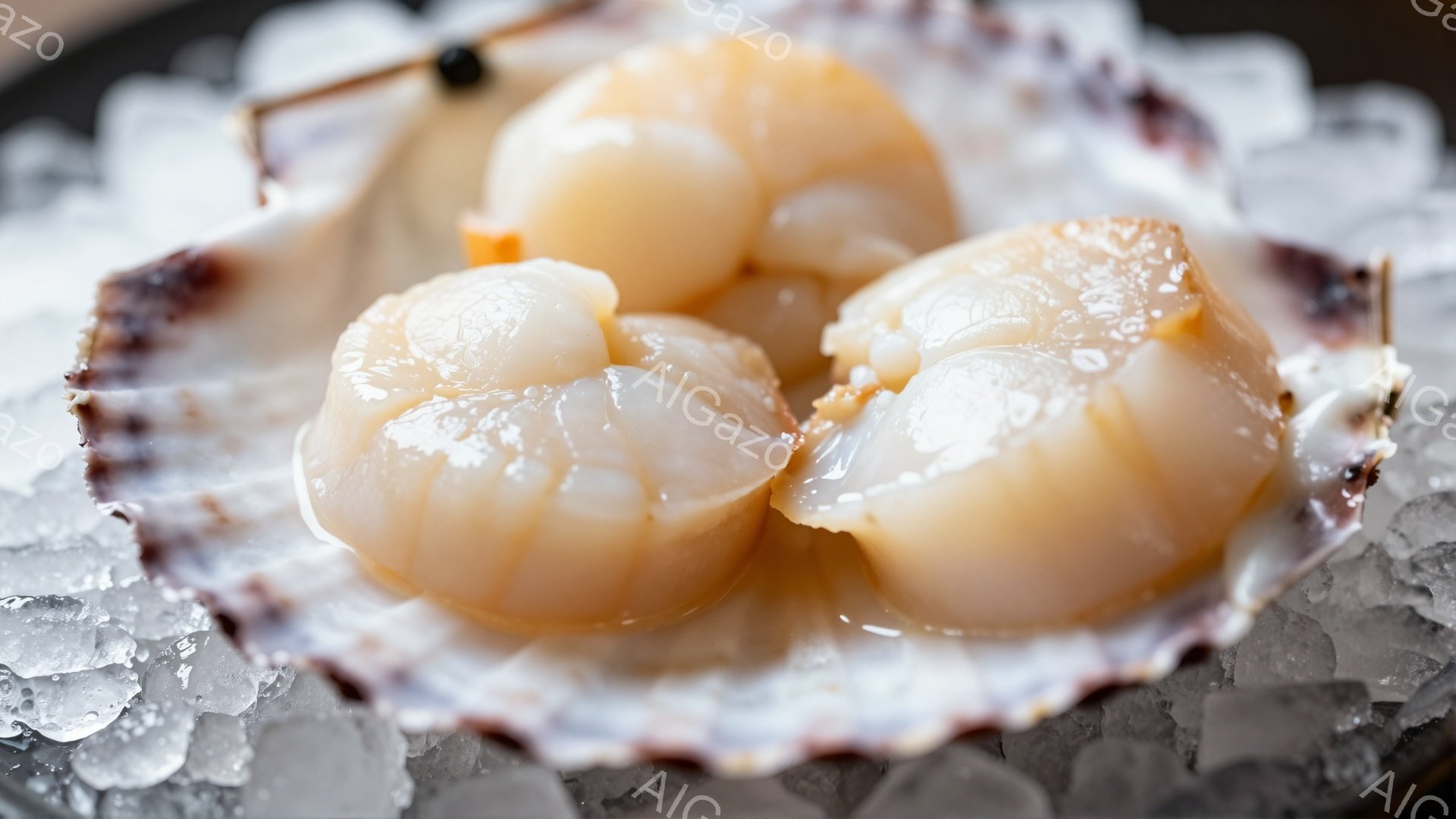 貝殻の中に、新鮮なホタテの刺身が2切れ置かれています。周りには砕いた氷が敷き詰められており、ホタテの白さと氷の透明感が際立っています。全体的に清潔感があり、上品な印象を与える料理の写真です。