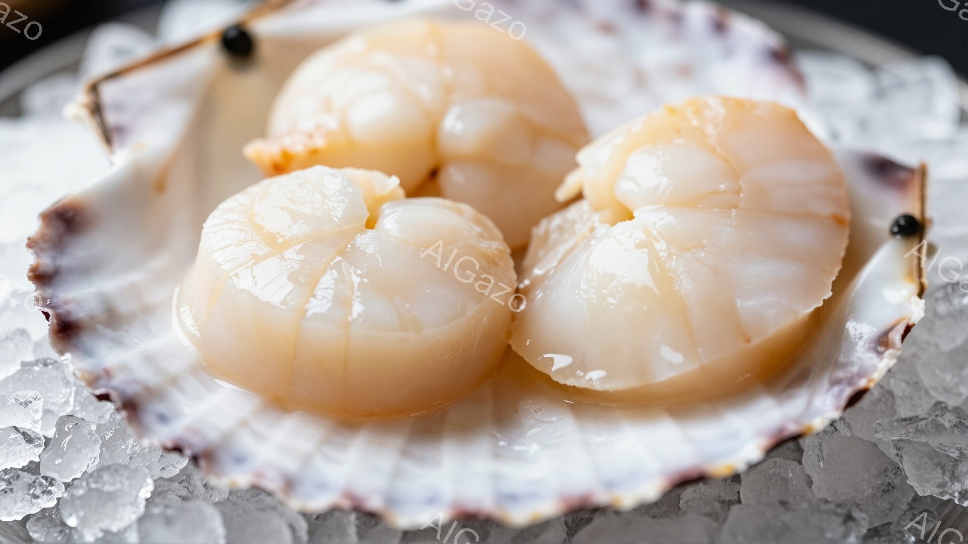 殻の中に新鮮なホタテの身が数切れ並べられています。淡いピンクと白の美しい色合いで、表面はつややかでぷりぷりとした食感が想像できます。氷の上に置かれた殻は、ホタテの鮮度を保ち、高級感と涼しげな雰囲気を演出しています。