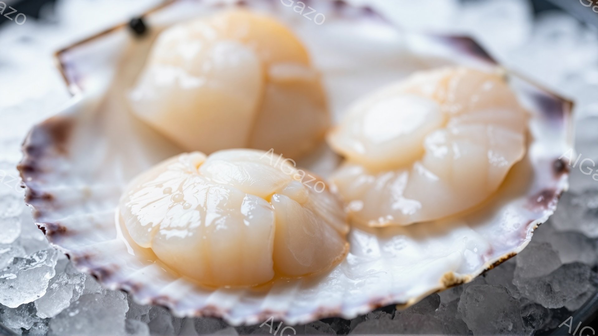 殻の中に新鮮なホタテの身が並べられています。ホタテは光沢があり、肉厚で、クリーミーな白色をしています。周囲には砕いた氷が敷き詰められており、新鮮さを強調しています。