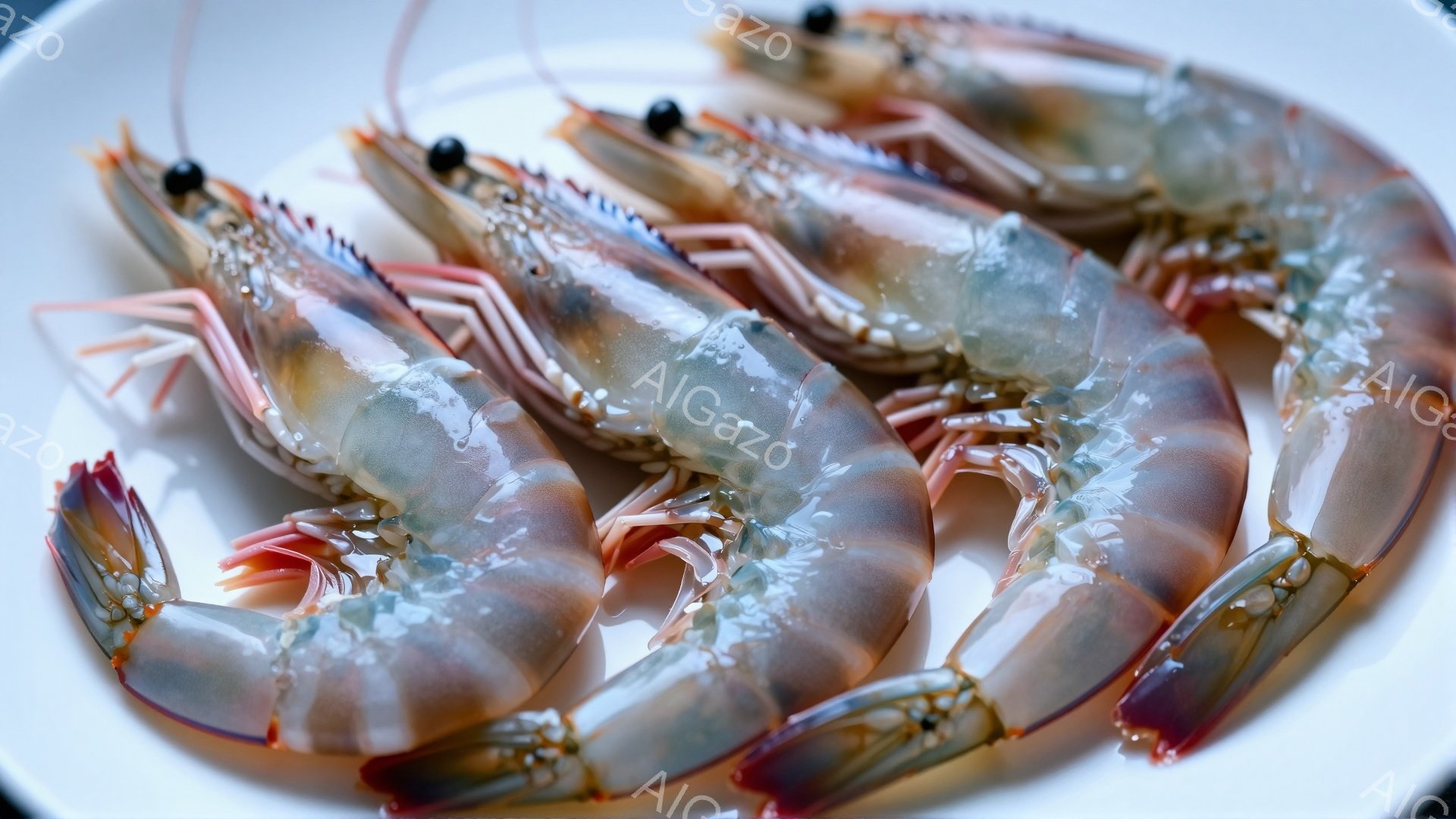 白い皿の上に、殻が赤く輝く大きなエビが数匹並べられています。エビの殻には水滴がつき、新鮮さを強調しています。背景は白く、エビの鮮やかな色が際立っており、美味しさを引き立てています。