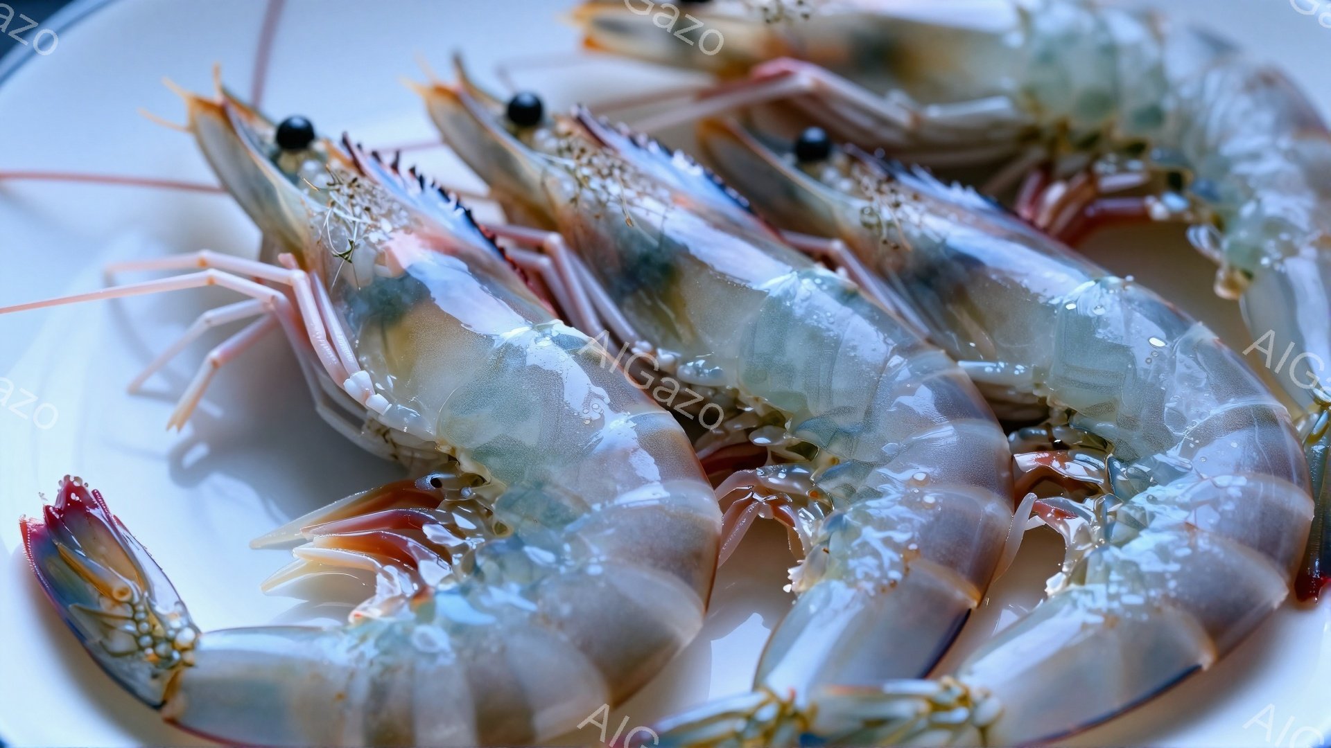 新鮮なエビが皿の上に並べられています。エビは透明感があり、ピンク色の尾とヒゲが特徴的です。皿の上には水滴がついており、エビの新鮮さを強調しています。