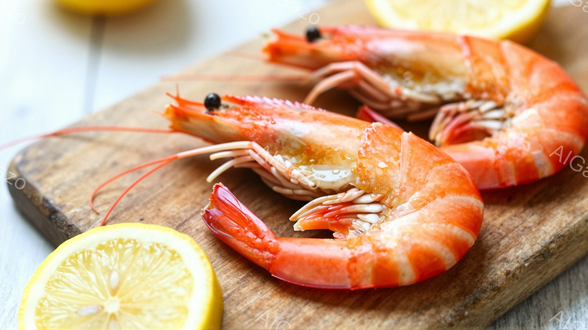画像には、調理されたエビが木製の板の上に置かれています。エビは鮮やかなオレンジ色で、水分で覆われているようです。背景にはレモンのスライスがいくつかあり、料理のアクセントとして使われているかもしれません。