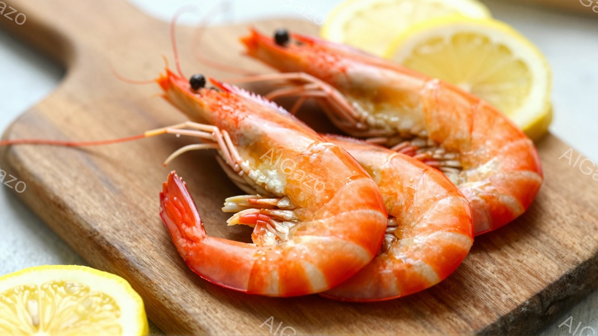 2匹の大きなエビが木製のプレートの上に並べられています。鮮やかなオレンジ色と白い縞模様が特徴的で、レモンのスライスが添えられています。背景はぼかされており、料理の美味しさを引き立てる落ち着いた雰囲気で - AI生成フリー素材