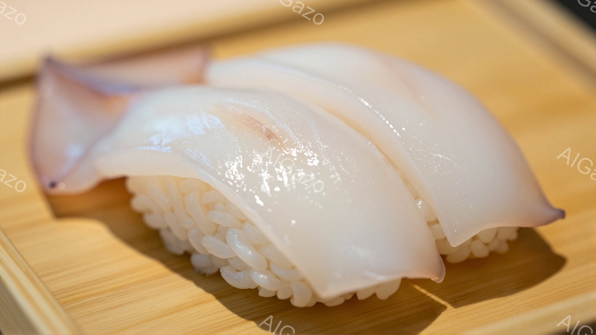 皿の上に、白く透き通るスルメイカの握り寿司が2貫並んでいる。酢飯は少し崩れ気味だが、イカの身の光沢と照りが美しく、新鮮さを感じさせる。背景は木製の皿で、全体的に清潔感があり、食欲をそそる雰囲気である。