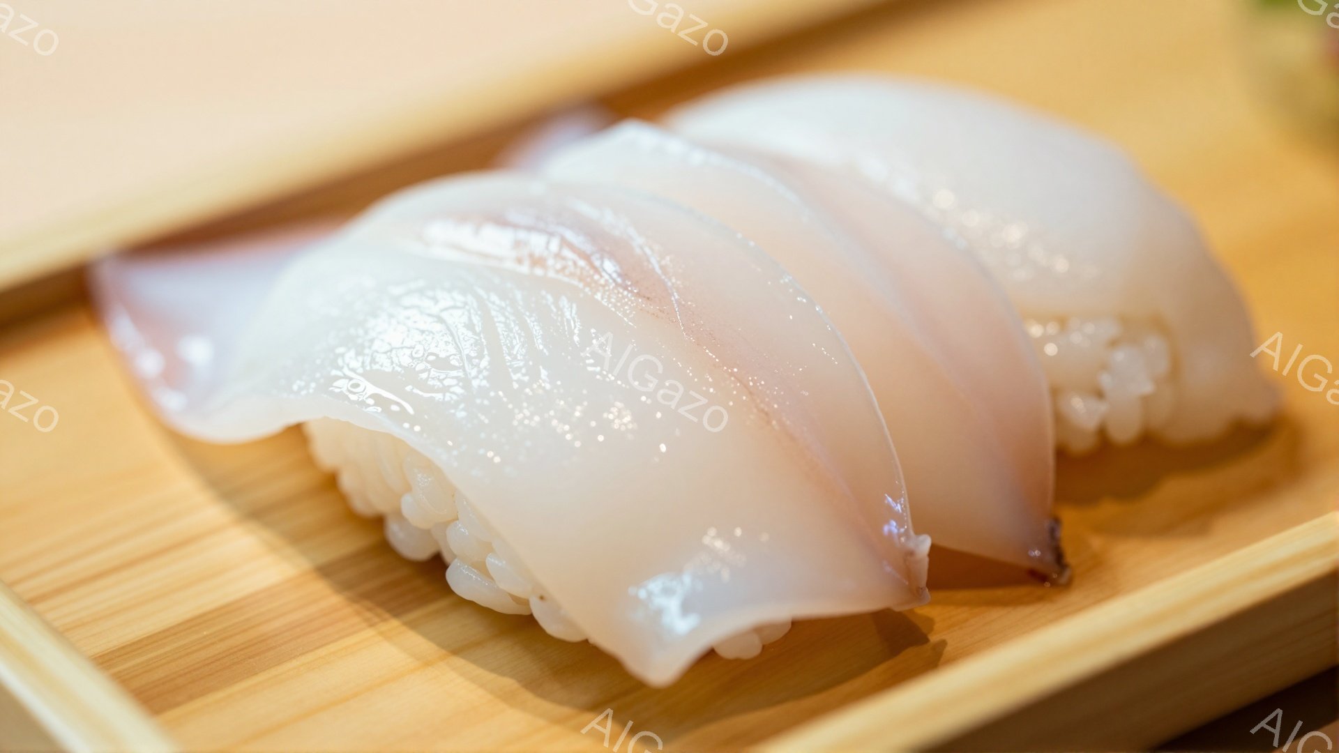 薄い半透明の白い身が乗った寿司が、竹製の台の上に2切れ並んでいます。寿司飯は控えめに握られており、身の光沢と質感が際立っています。背景はぼかされており、寿司に焦点が当たっています。