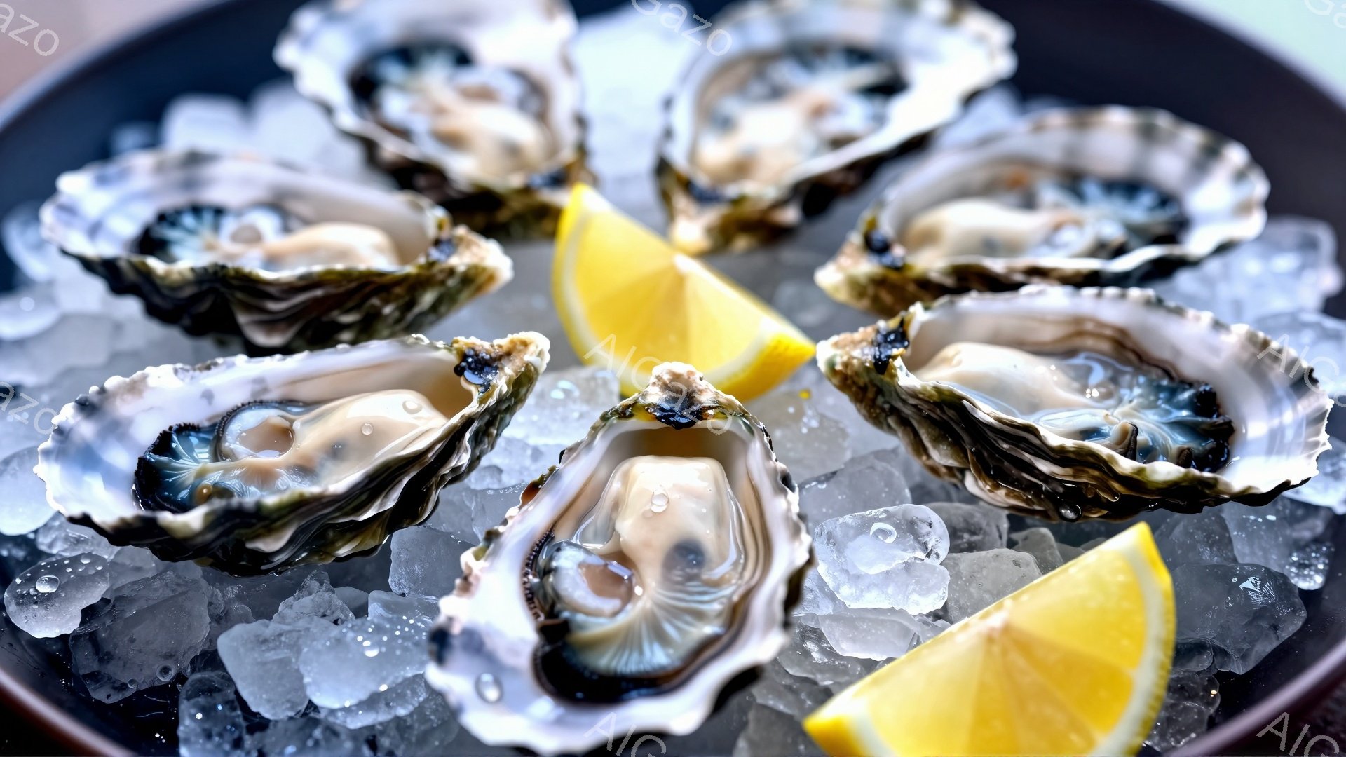 殻付きの牡蠣が氷の上に並べられています。レモンの切れ端が数切れ添えられ、鮮やかな黄色が牡蠣の淡い色合いと対照的です。背景は黒い皿で、全体的に新鮮で食欲をそそる雰囲気を醸し出しています。