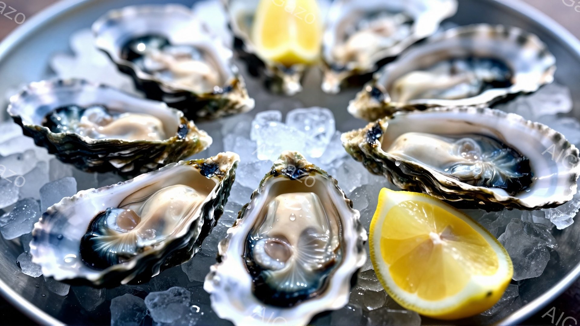氷の上に置かれた新鮮な牡蠣が数個写っている。殻は灰色がかっており、中身の身は白く、少しピンクがかっており、鮮度が感じられる。レモンの切れ端が添えられており、牡蠣の風味をさらに引き立てる演出がされている。