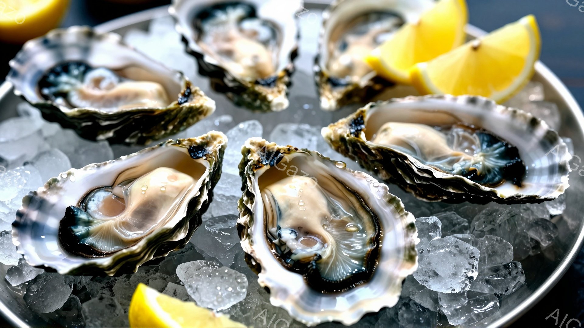 殻付きの牡蠣が氷の上に並べられた写真です。それぞれの牡蠣は身が輝き、新鮮さを伝えています。レモンの切れ端が添えられ、爽やかな風味を想像させ、冷たい氷とレモンの黄色が視覚的なアクセントとなっています。