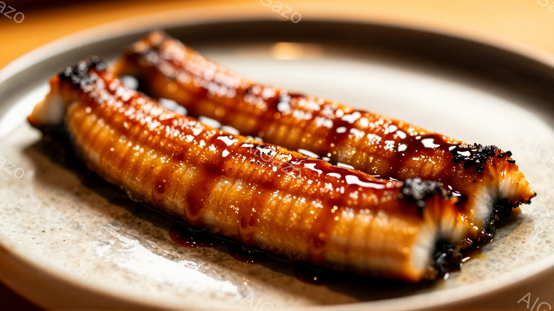 皿の上には、照り焼きされたウナギが2切れ並んでいます。ウナギは茶色く輝き、タレが滴り落ちており、非常に美味しそうに見えます。背景の皿はグレーがかった色合いで、ウナギの照りを引き立てています。 - AI生成フリー素材
