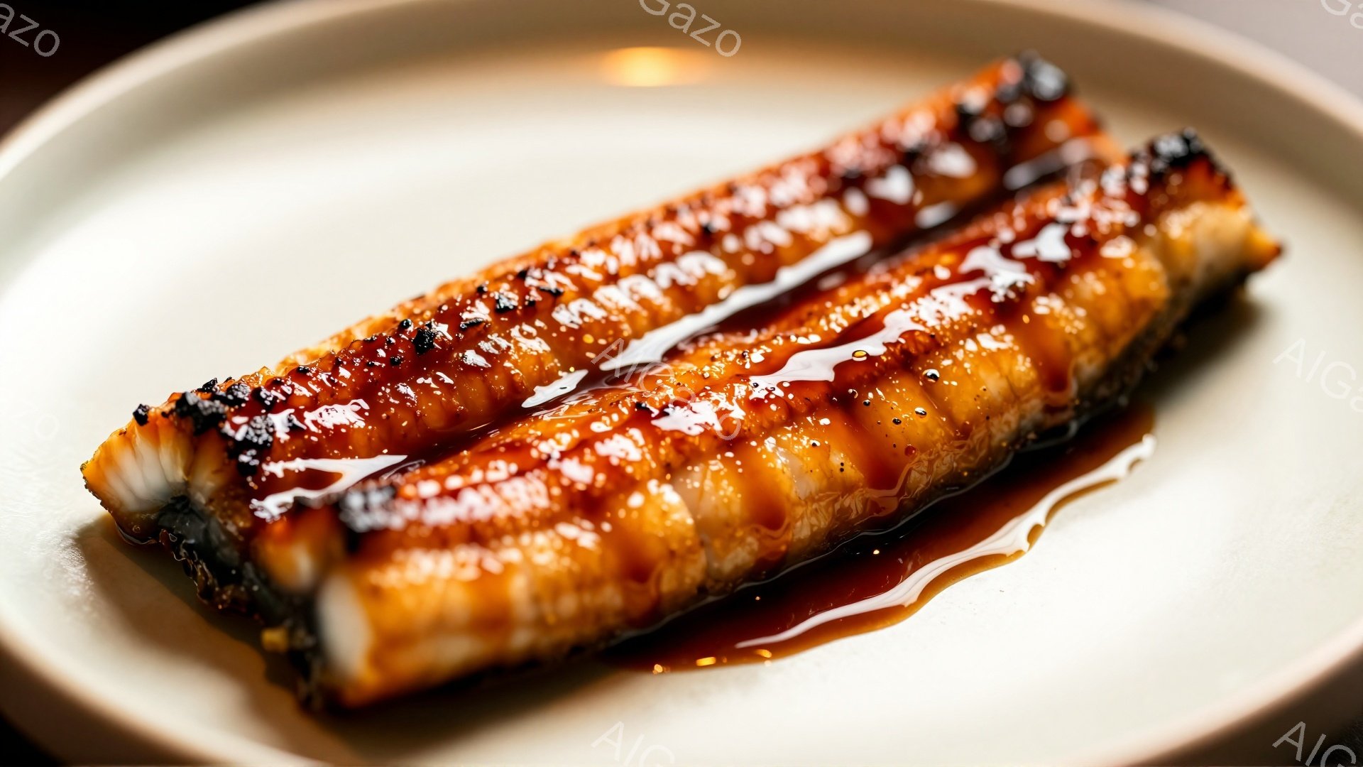 皿の上に、うなぎの蒲焼きが2切れ並んでいます。照り照りのタレが鰻全体を覆い、白ごまが散りばめられています。背景はぼかされており、鰻の照りと香ばしさが際立っています。