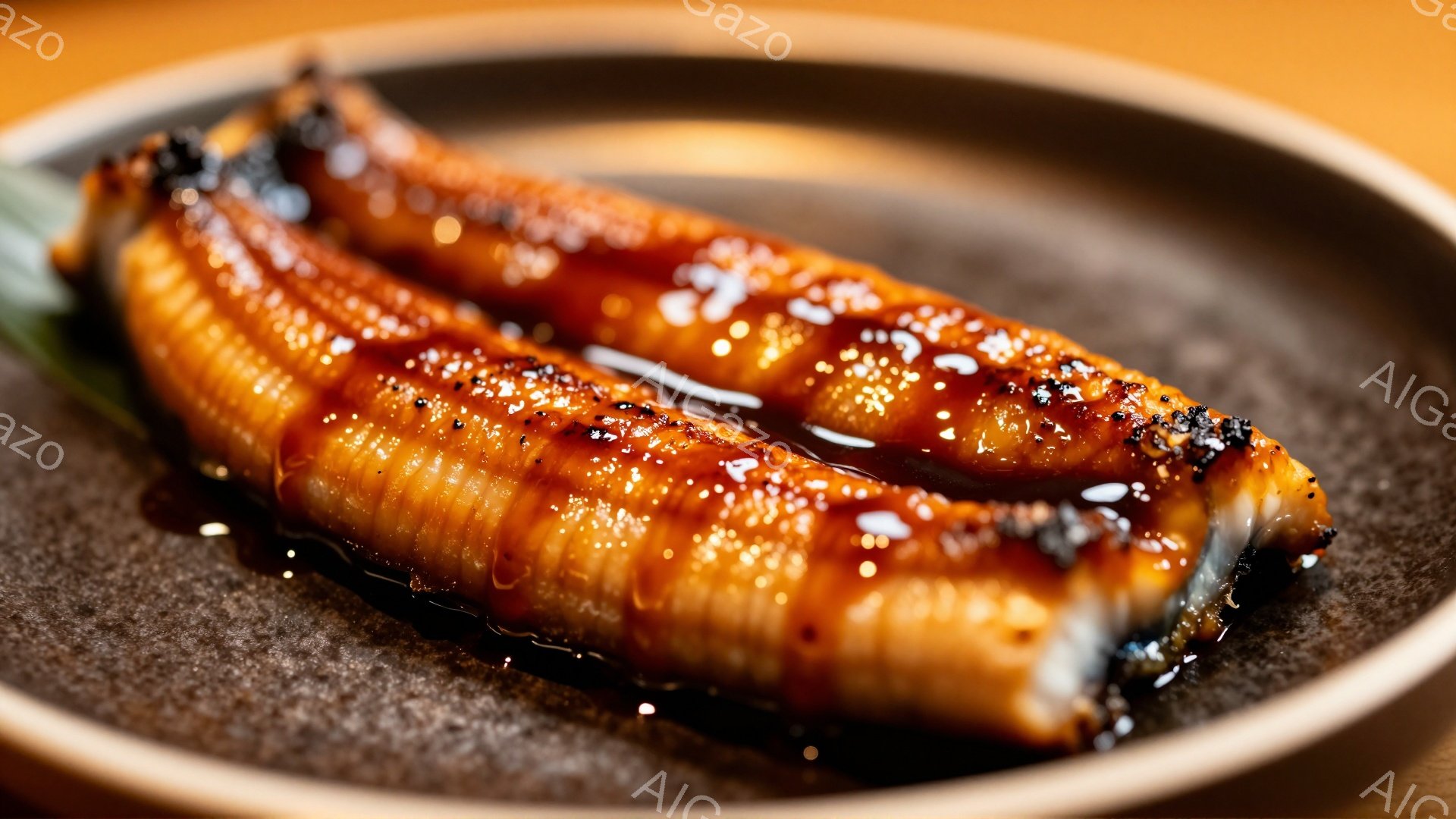皿の上に照り焼きウナギが2切れ並べられています。ウナギは茶色く照りがあり、タレが艶やかに輝いています。背景は焦げ茶色の皿で、緑色の薬味が見え、料理全体が食欲をそそる雰囲気を醸し出しています。 - AI生成フリー素材