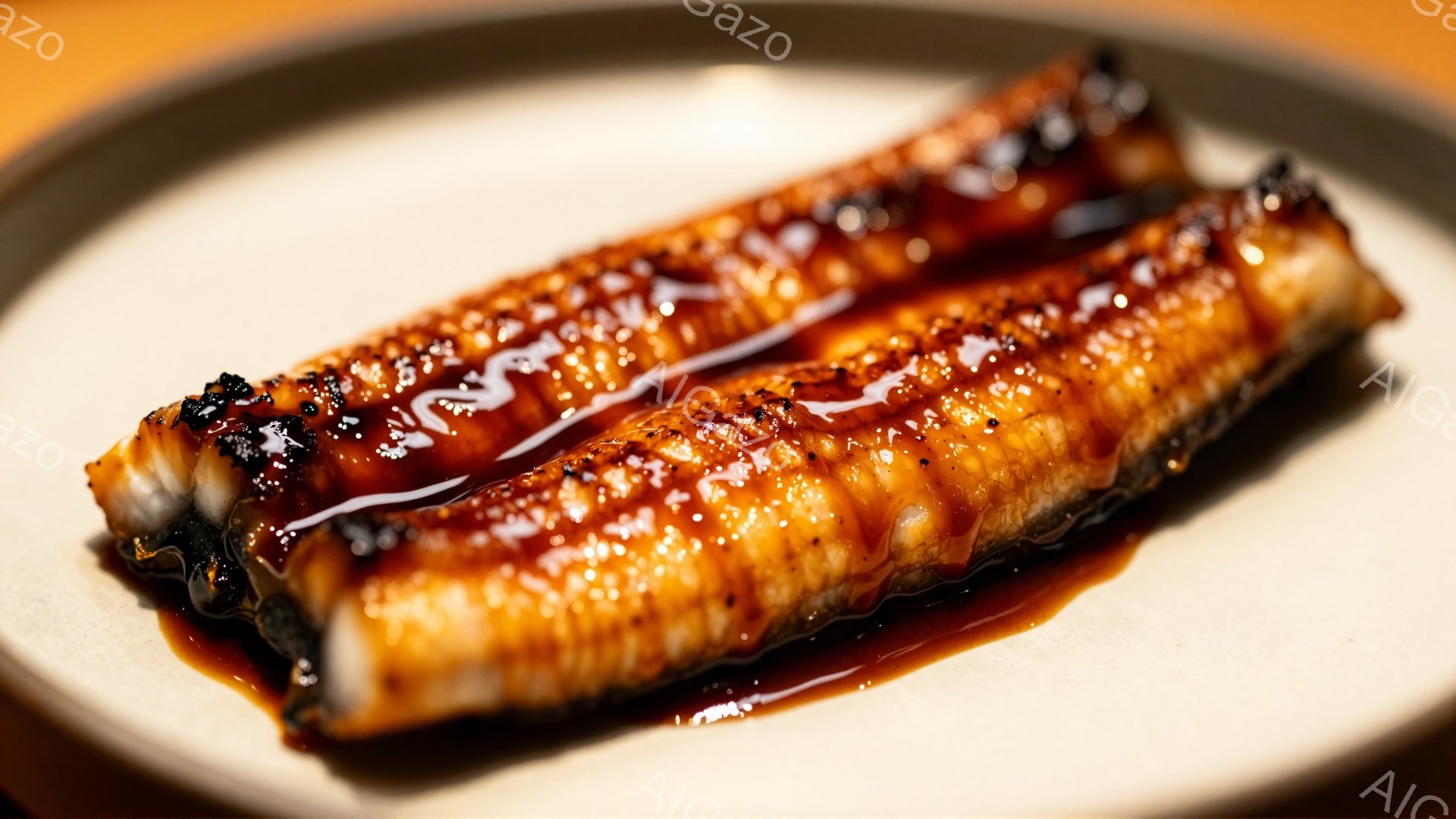 皿の上には、照り焼きにしたウナギが二切れ並べられています。ウナギは表面が香ばしく焼き上げられ、甘辛いタレがたっぷりとかかっています。背景はぼかしたベージュ色で、ウナギの美しい色合いが際立っています。