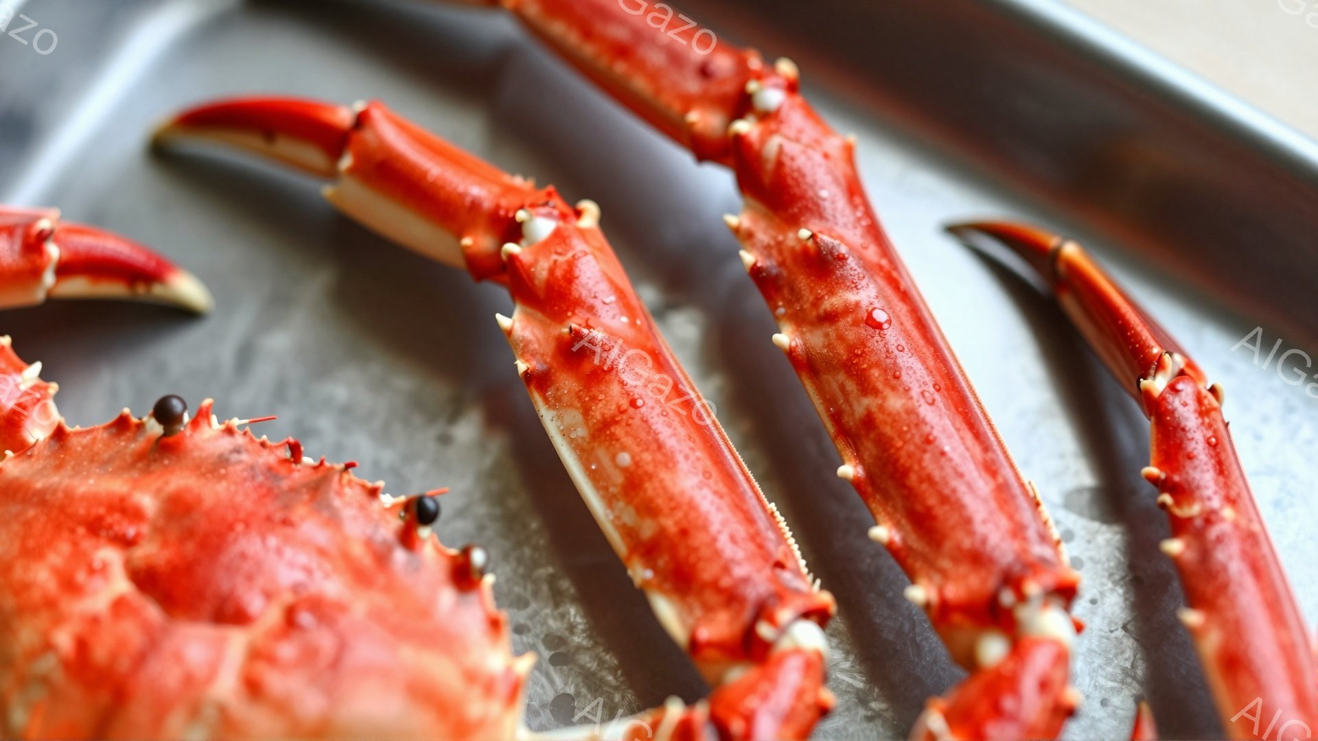 鮮やかな赤色のタラバガニの脚が、金属製のトレイの上に並んでいる。脚には水滴が付き、新鮮さを強調している。背景はぼやけており、脚が主な焦点となっている。