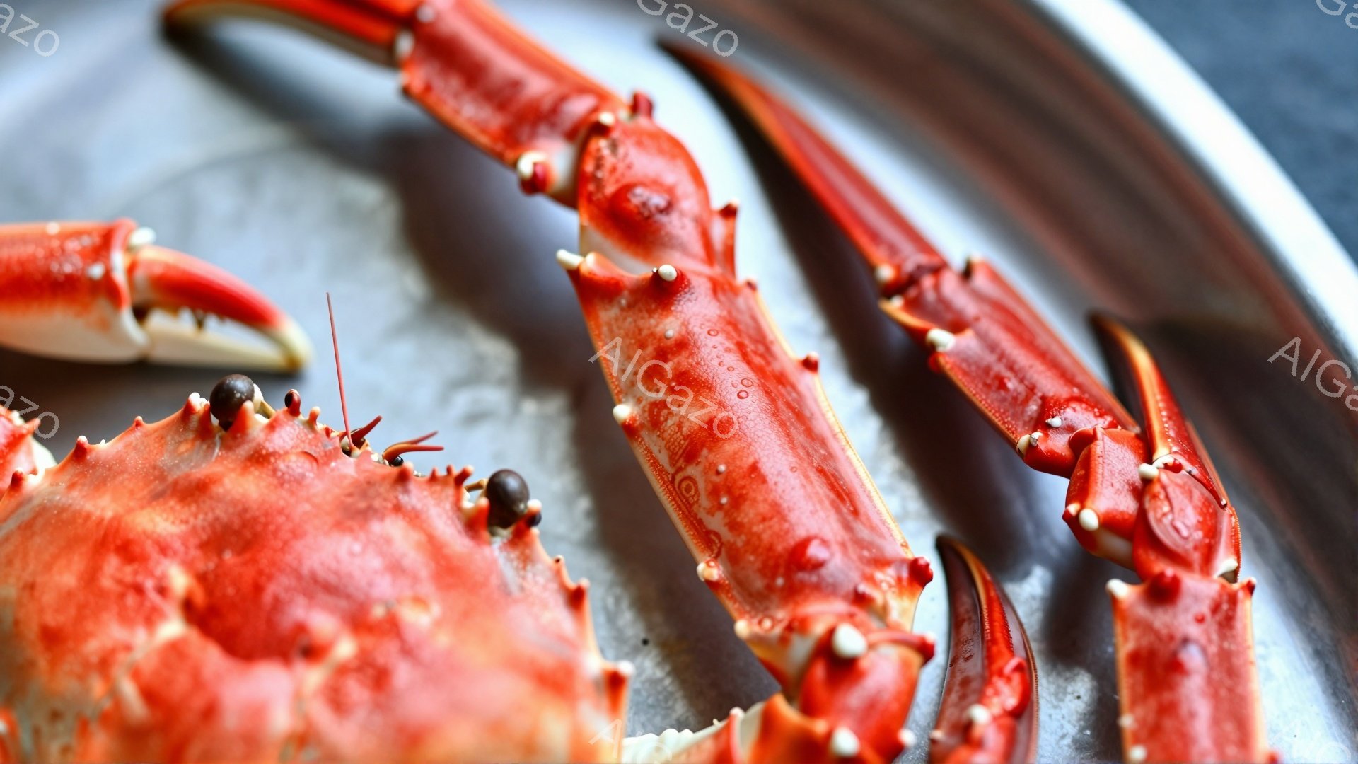 鮮やかな赤色のカニの脚が金属製のトレイの上に並んでいます。脚は関節ごとに棘があり、質感がはっきりと捉えられています。背景はぼかされており、カニの鮮やかさが際立っています。