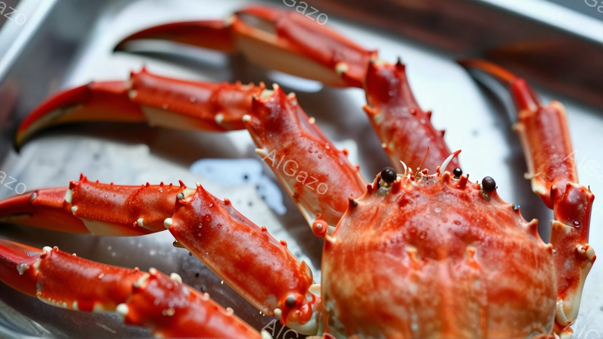 赤いカニが金属製のトレイの上にいます。そのカニは鮮やかなオレンジ色をしており、関節部分には白い斑点が見られます。背景はぼやけており、ステンレス鋼のトレイの反射が見え、全体的にクールで清潔な印象を与えます。