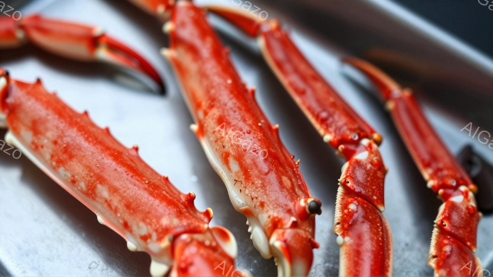 赤いカニの足が金属製のトレイの上に並べられています。足は鮮やかな赤色で、水滴がついており、新鮮さを強調しています。背景はぼやけていますが、金属の質感とカニの鮮やかな色が際立っており、食欲をそそる印象を与えます。