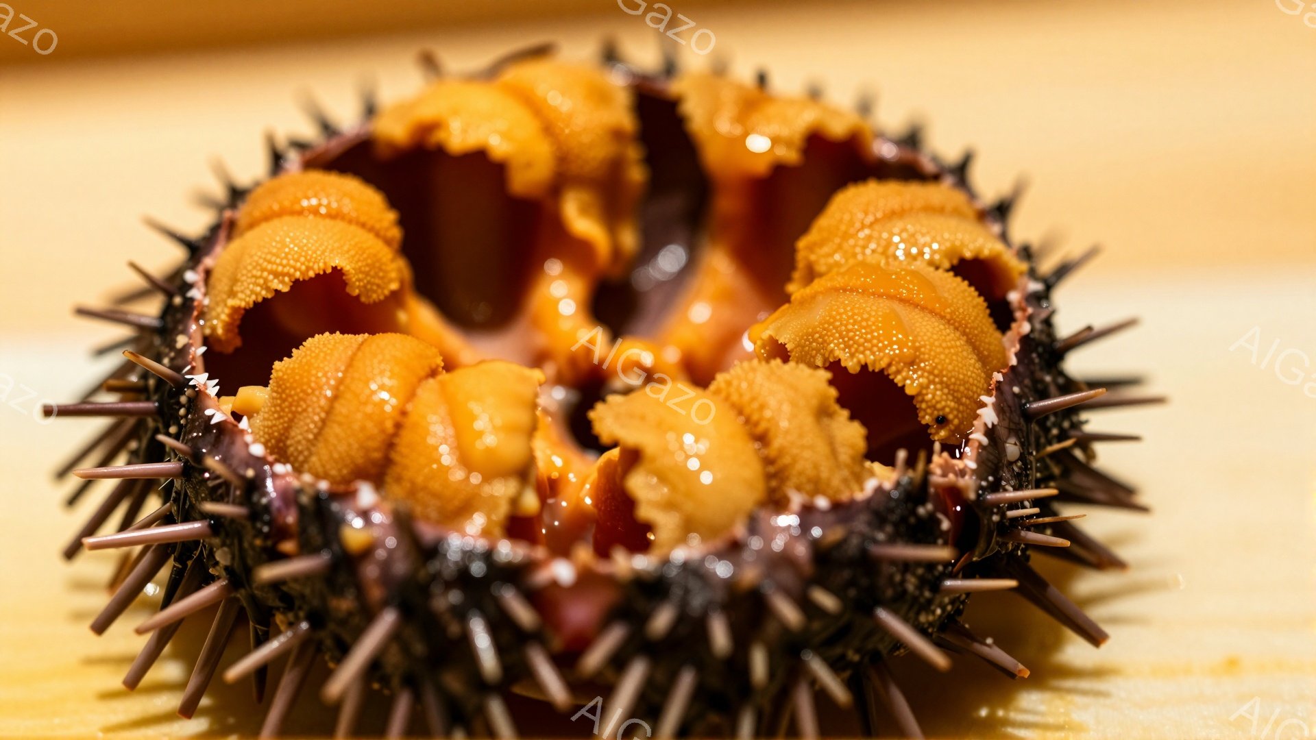 鮮やかなオレンジ色のウニの身が、黒い棘に覆われた殻の中に並んでいる様子が捉えられています。ウニの身は、細かい粒状の質感で、まるで宝石のように輝き、食欲をそそる色合いです。背景はぼかされており、ウニそのものが強く印象づけられています。