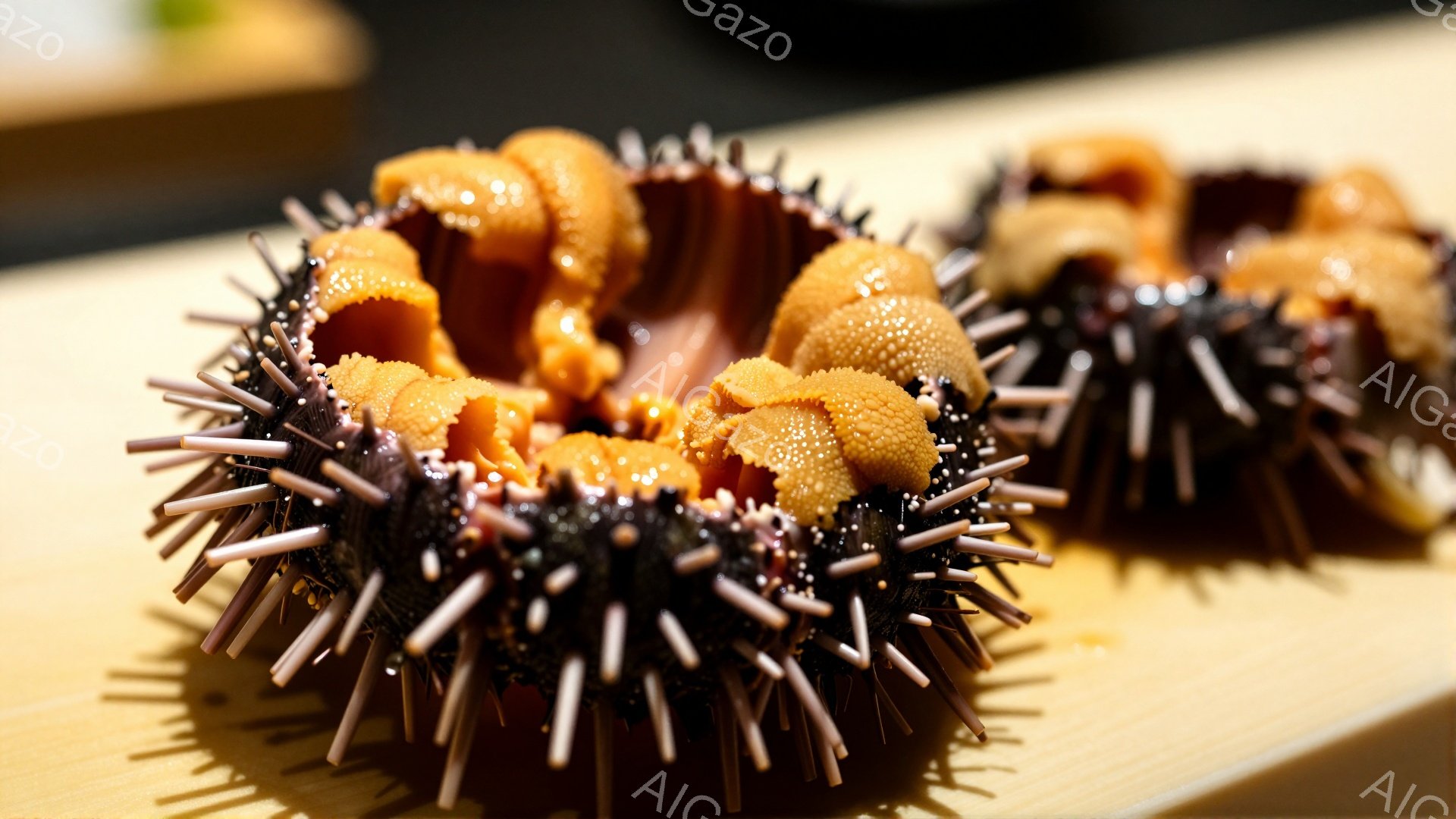 画像には、棘に覆われたウニが2つ、木製の台の上に並べられています。ウニの殻は暗い紫色で、中にはオレンジ色の身が詰まっています。背景はぼやけており、シンプルな料理のプレゼンテーションに焦点が当てられています。