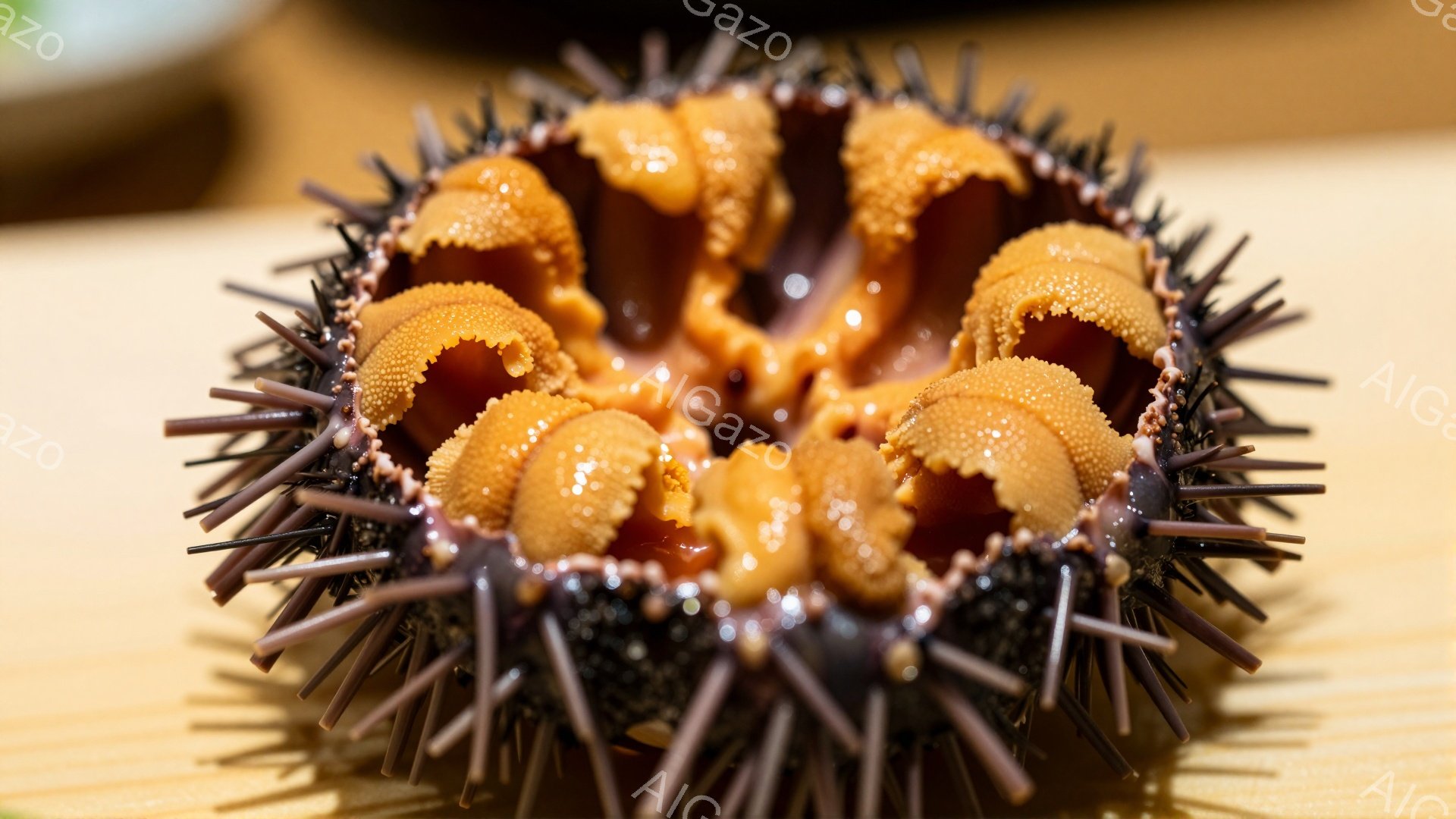 鮮やかなオレンジ色のウニの身が、黒い棘に覆われた殻の中に整然と並べられている。背景は木製のカウンターで、照らし込まれてウニの鮮やかさが際立っている。高級感があり、食欲をそそる構図だ。 - AI生成フリー素材